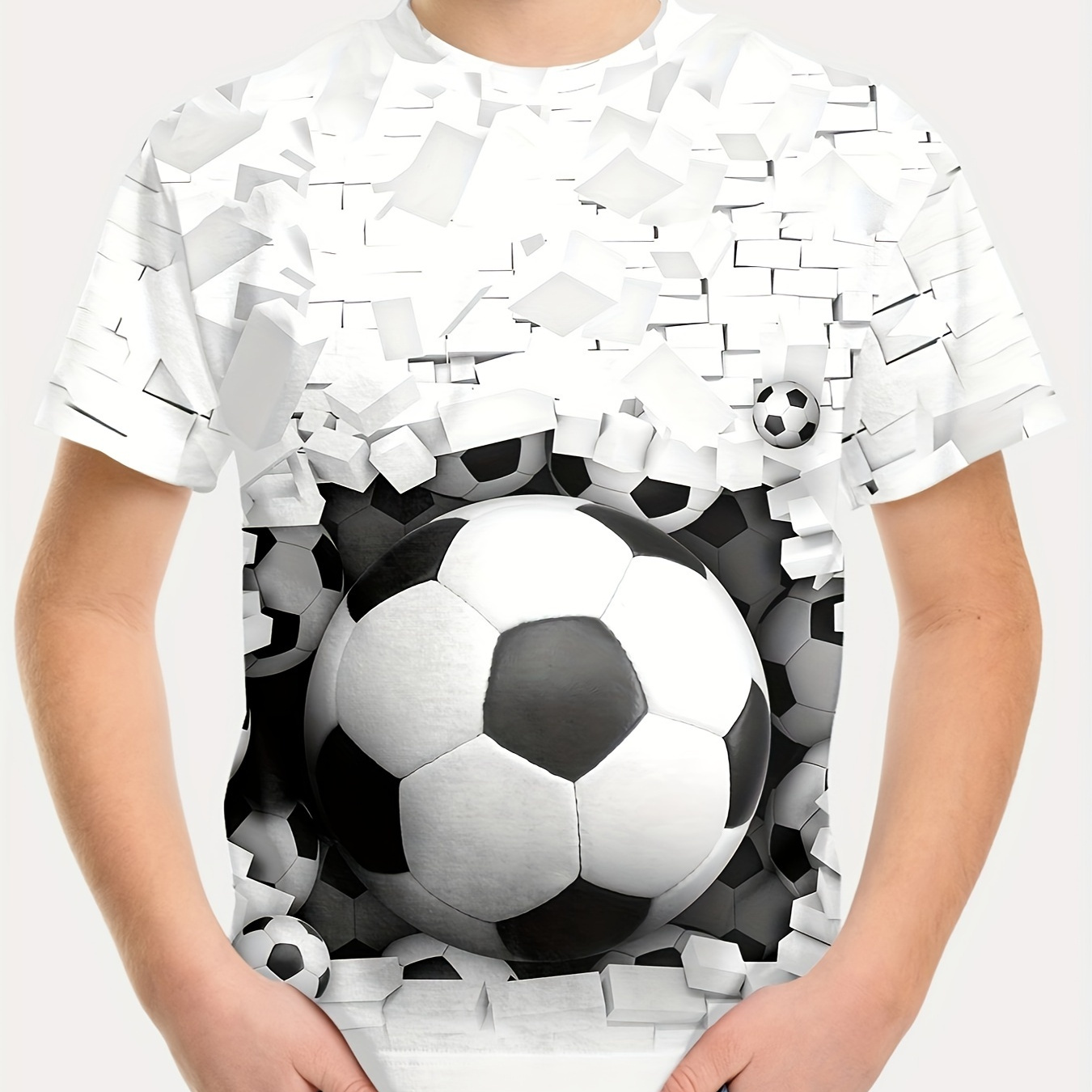 

Boy's Casual Summer T-shirt With Geometric Soccer Ball Print