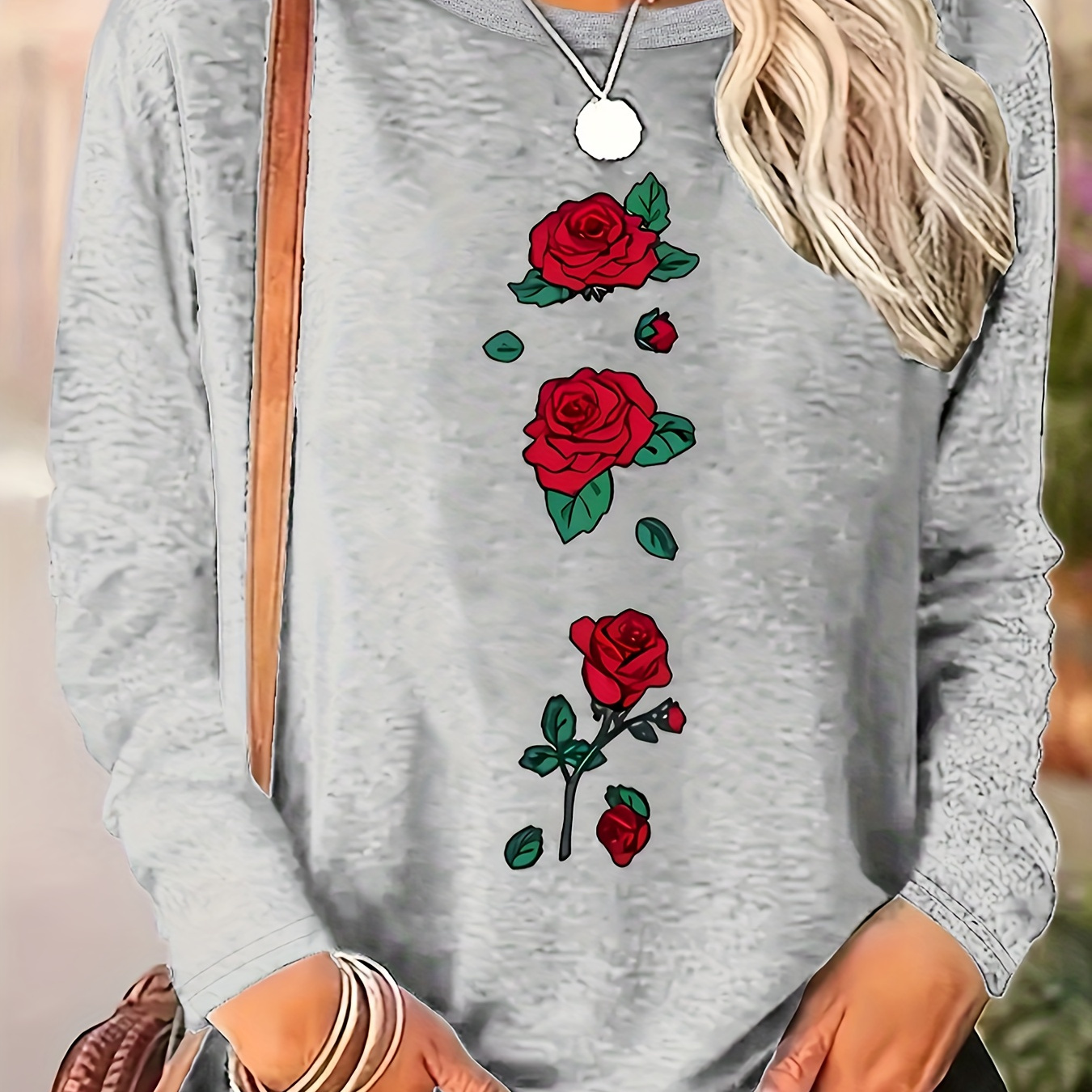 

Women's Casual Rose Print Long Sleeve T-shirt - Crew Neck, Soft Polyester , Machine Washable