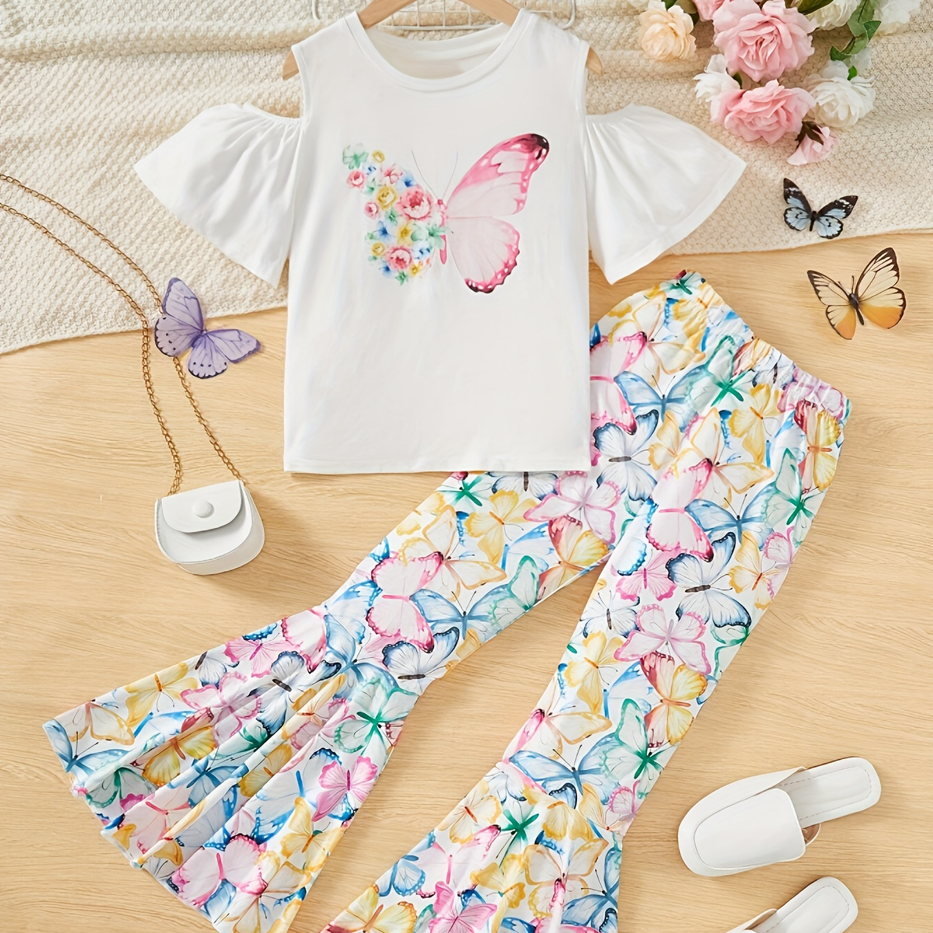 

Floral Butterfly 2-piece Girl's Cold Shoulder T-shirt Top + Floral Flared Pants Summer Outfits Set Casual Style