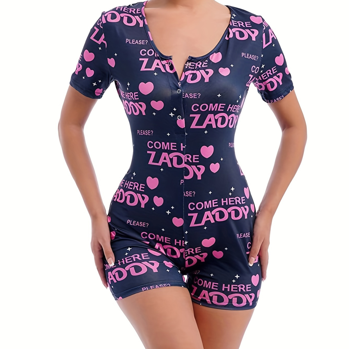 

Letter Print Lounge Romper, Crew Neck Short Sleeve Romper, Women's Loungewear & Sleepwear