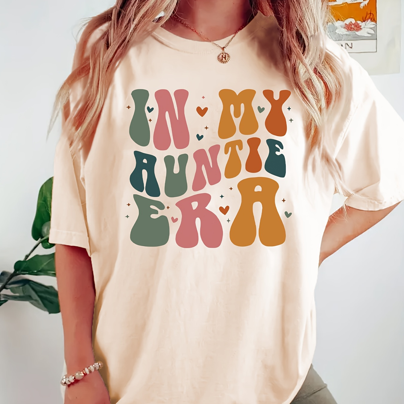 

Plus Size In My Auntie Era Print T-shirt, Casual Crew Neck Short Sleeve Top For Spring & Summer, Women's Plus Size Clothing