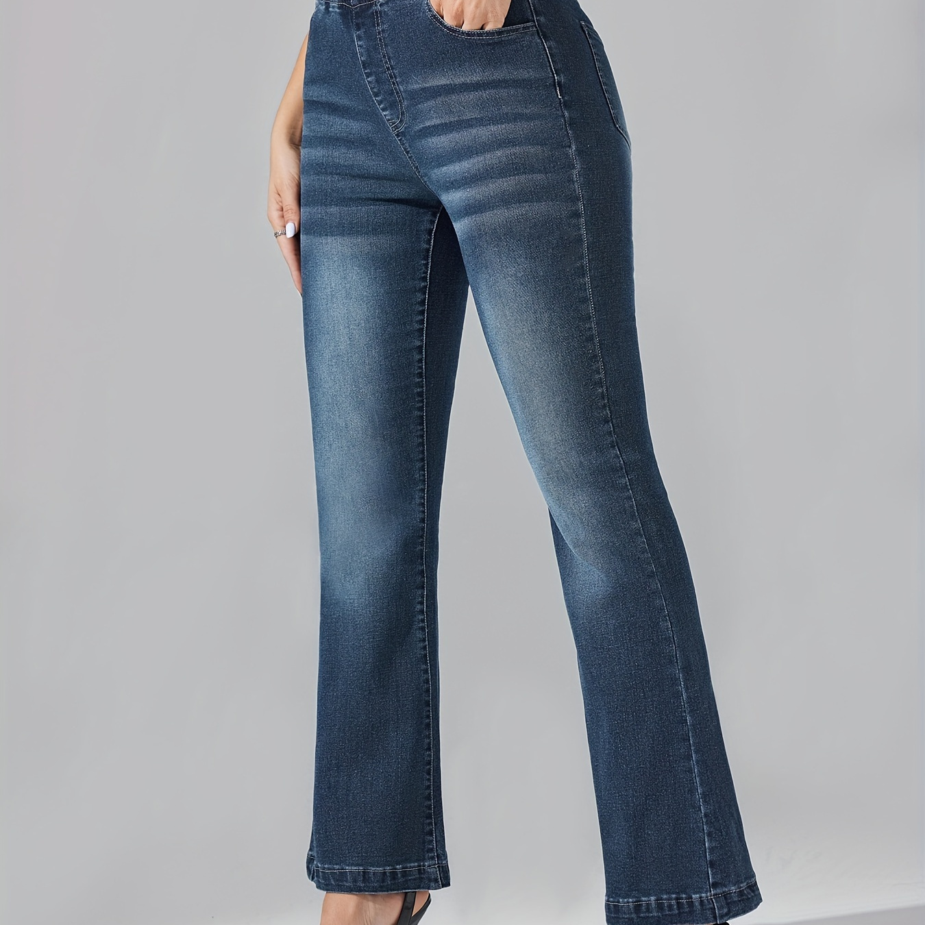 

Whiskering Dark Washed Blue Waistband Flare Leg Denim Pants, Women's Denim Jeans & Clothing