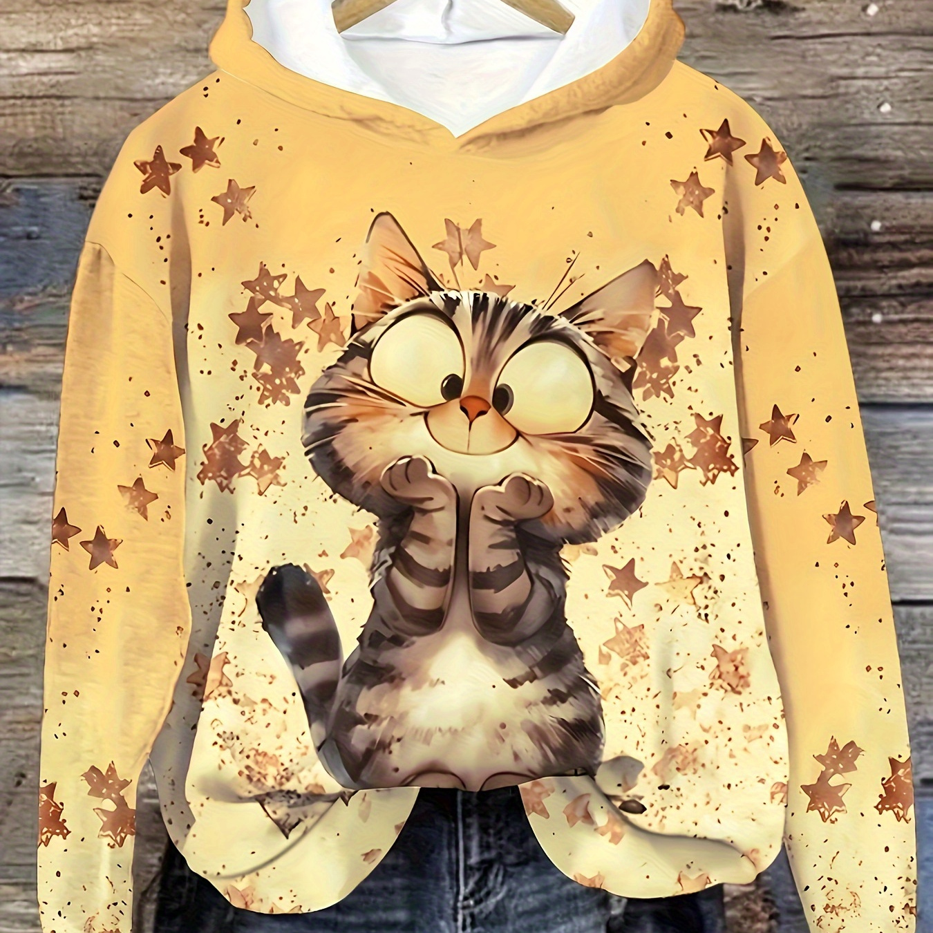 

Women's Cozy Cat Print Hoodie - Adorable Kitten Design With , Yellow Long Sleeve Pullover, Soft Polyester Fabric, Fall/winter Casual Wear