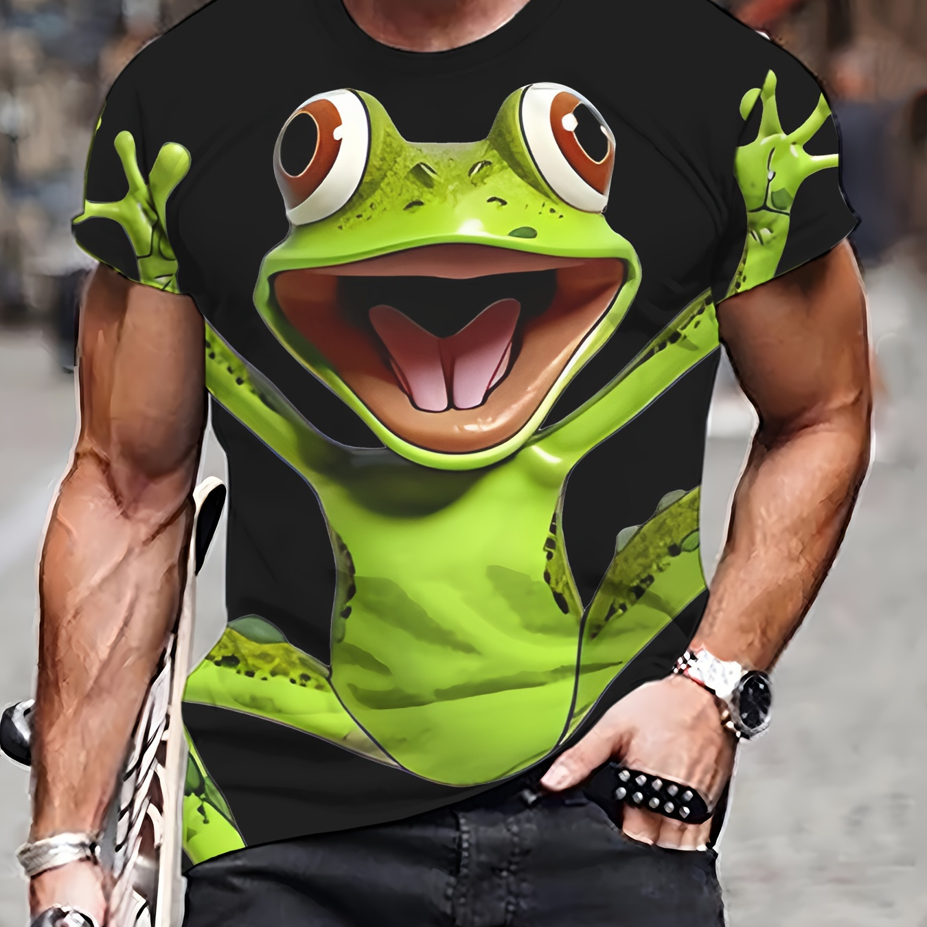 

Men's Novelty 3d Printed Fashion T-shirt With Cartoon Amphibian Graphic, Crew Neck, 100% Polyester, Casual Style, Slight Stretch Knit Fabric
