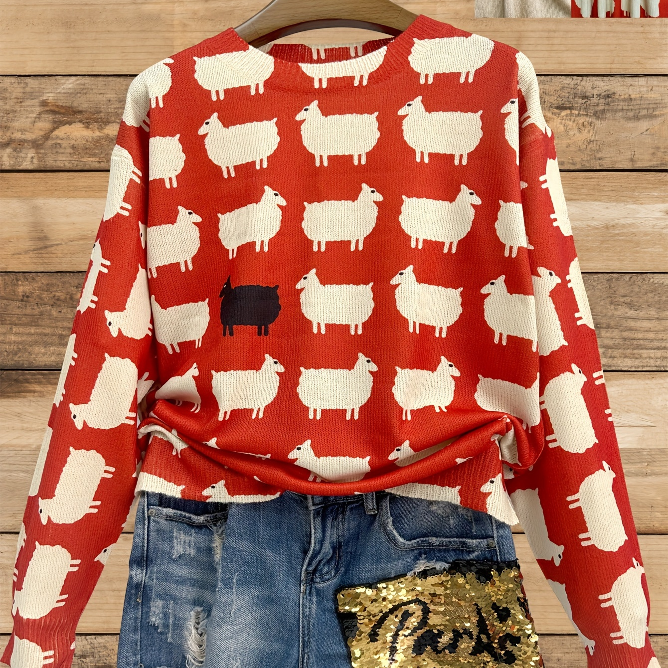 

3d Sheep Pattern Crew Neck Pullover Sweater, Casual Long Sleeve Knitted Sweater For Fall & Winter, Women's Clothing