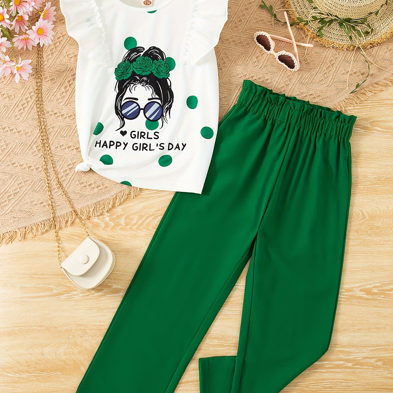 

2pcs Girls Green Portrait Pattern Flutter Sleeve Top + High Waist Pants Casual 2-piece Summer Outfit