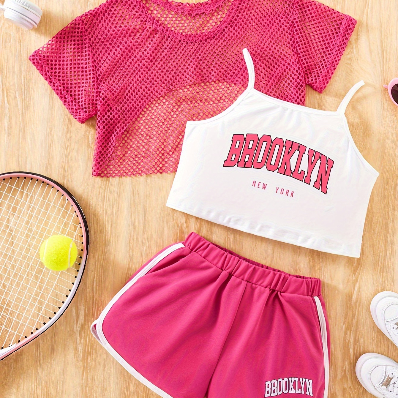 

Trendy Girls 3-piece Athletic Set - Strappy Camisole, Sheer Mesh Cover-up & Shorts - Ideal For Summer