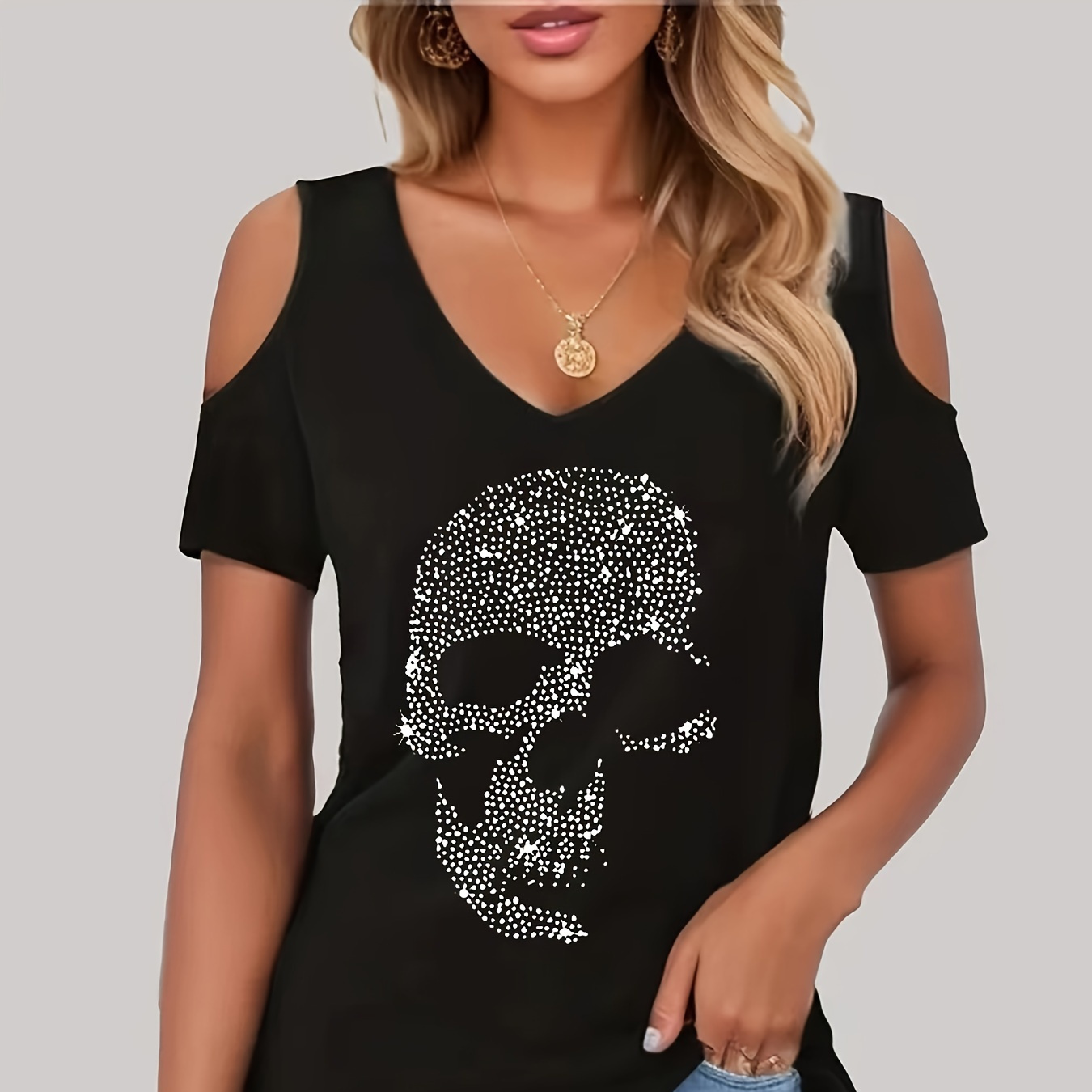 

Plus Size Skull Rhinestone T-shirt, Casual Cold Shoulder V Neck Short Sleeve T-shirt, Women's Plus Size clothing