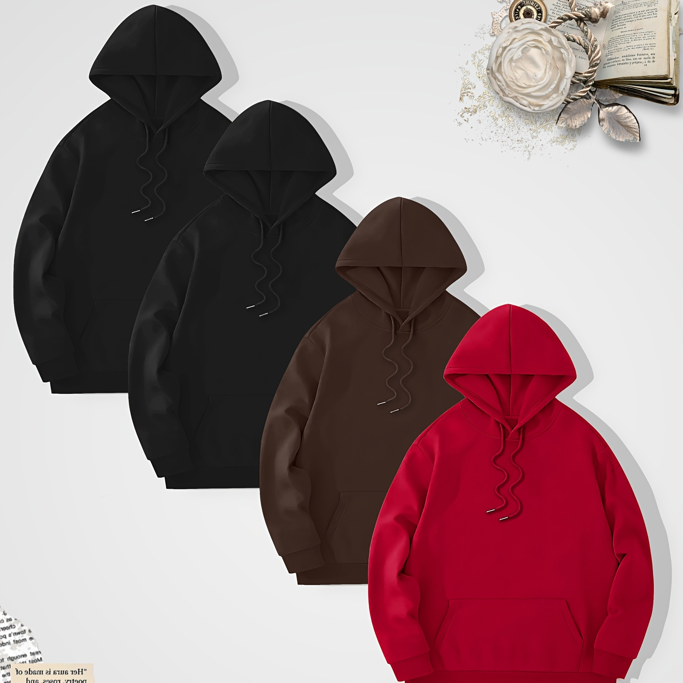 

4pcs Cool Hoodies Set For Men, Men's Casual Basic Solid Hooded Sweatshirt Streetwear For Winter Fall, As Gifts