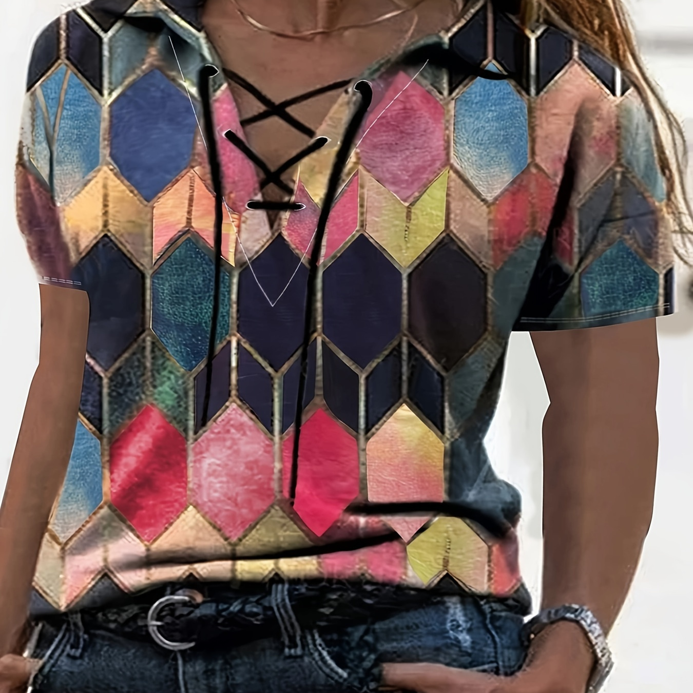

Plus Size Geometrical Pattern Print T-shirt, Casual Short Sleeve Drawstring Lapel Neck T-shirt For Spring & Summer, Women's Plus Size Clothing