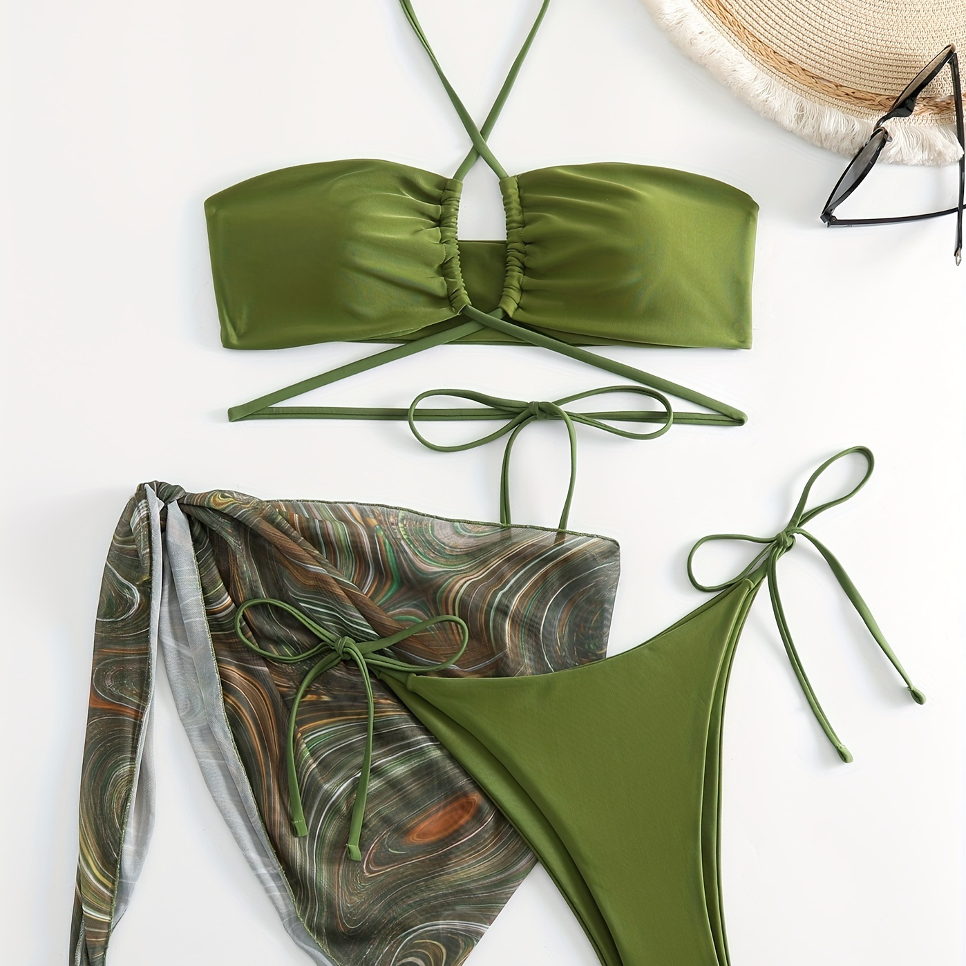 

3-piece Lace Up Drawstring Bikini Sets, Criss Cross Halter Neck Bra Top, With Fluid Print Cover Up Wrap, Women's Swimwear & Clothing