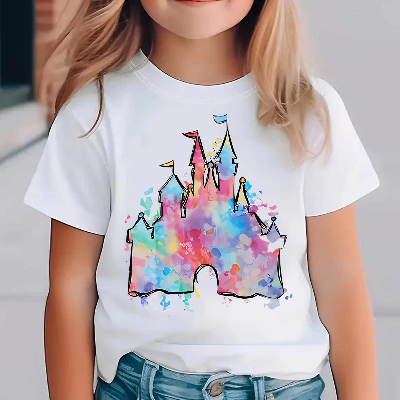 

Colorful Watercolor Castle Graphic Print Tee, Girls Comfy & Trendy T-shirt For Spring & Summer, Girls Clothes For Outdoors