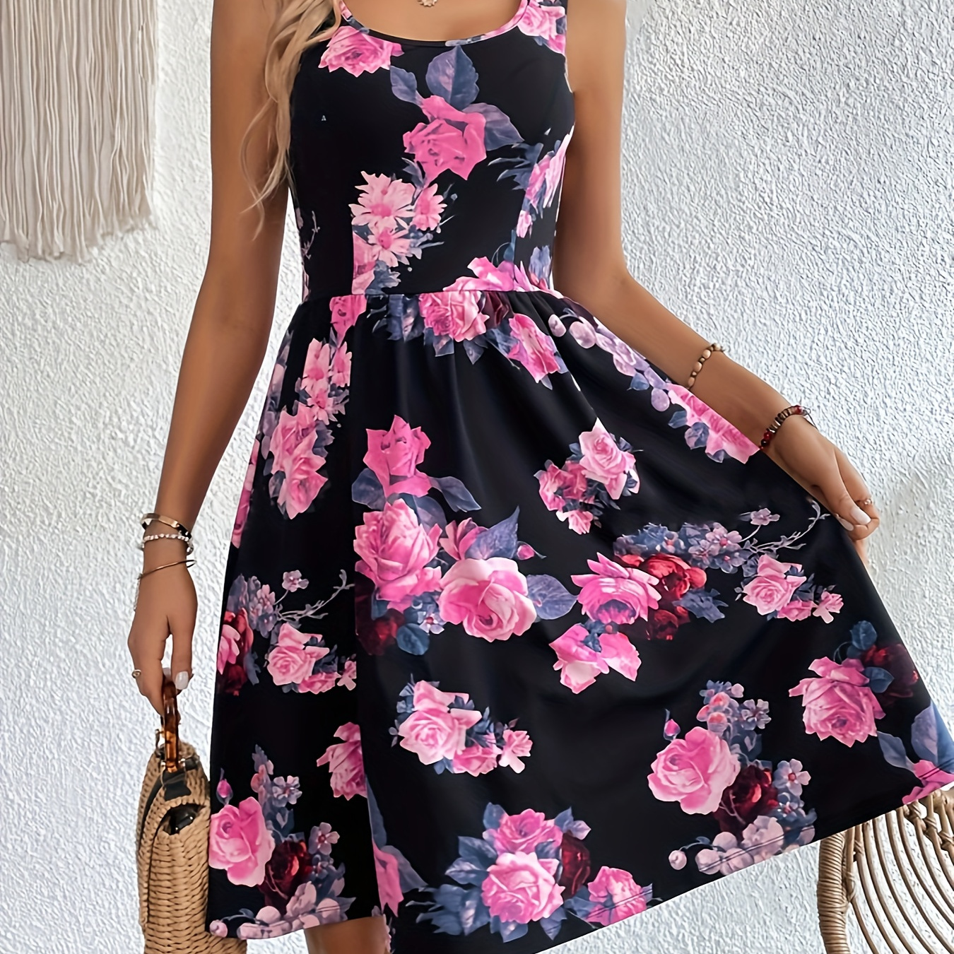 

Floral Print Wide Strap A-line Dress, Elegant Sleeveless Scoop Neck Cami Dress For Spring & Summer, Women's Clothing