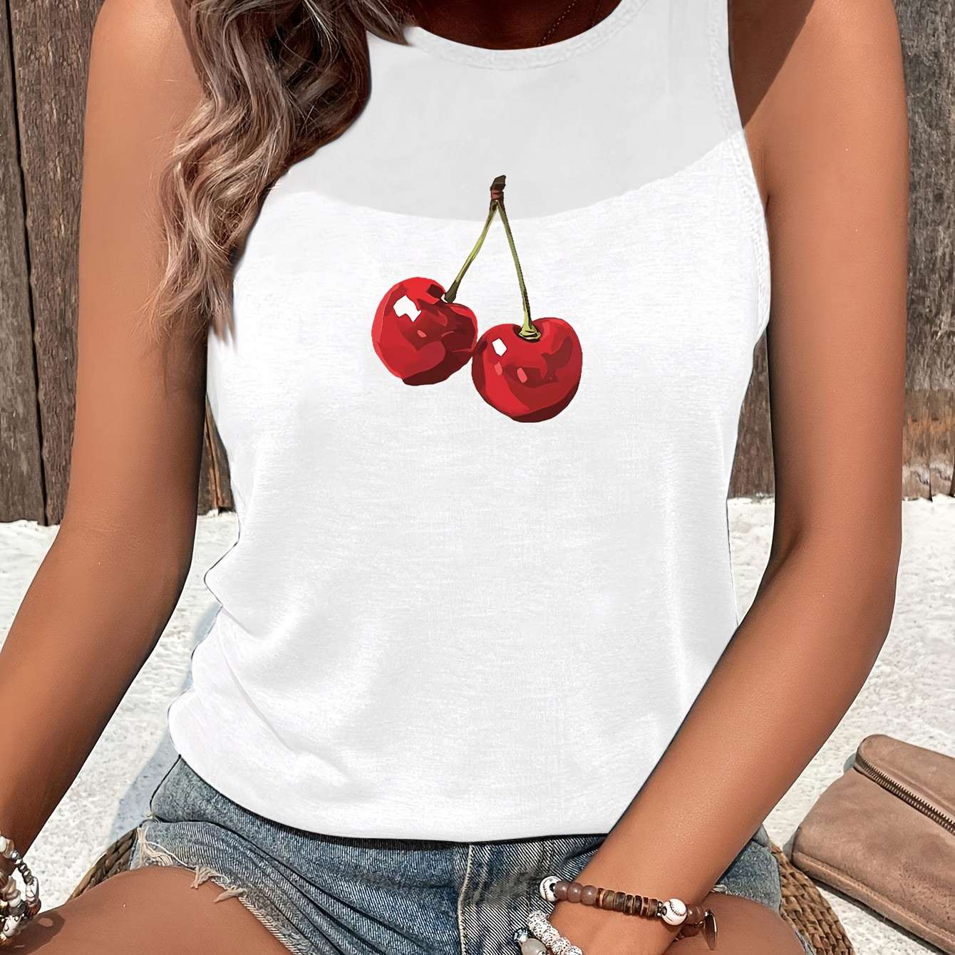 

Women' Tank Top With Cherry Print - Casual Sleeveless Crew Neck, Stretchy Polyester , Machine Washable -