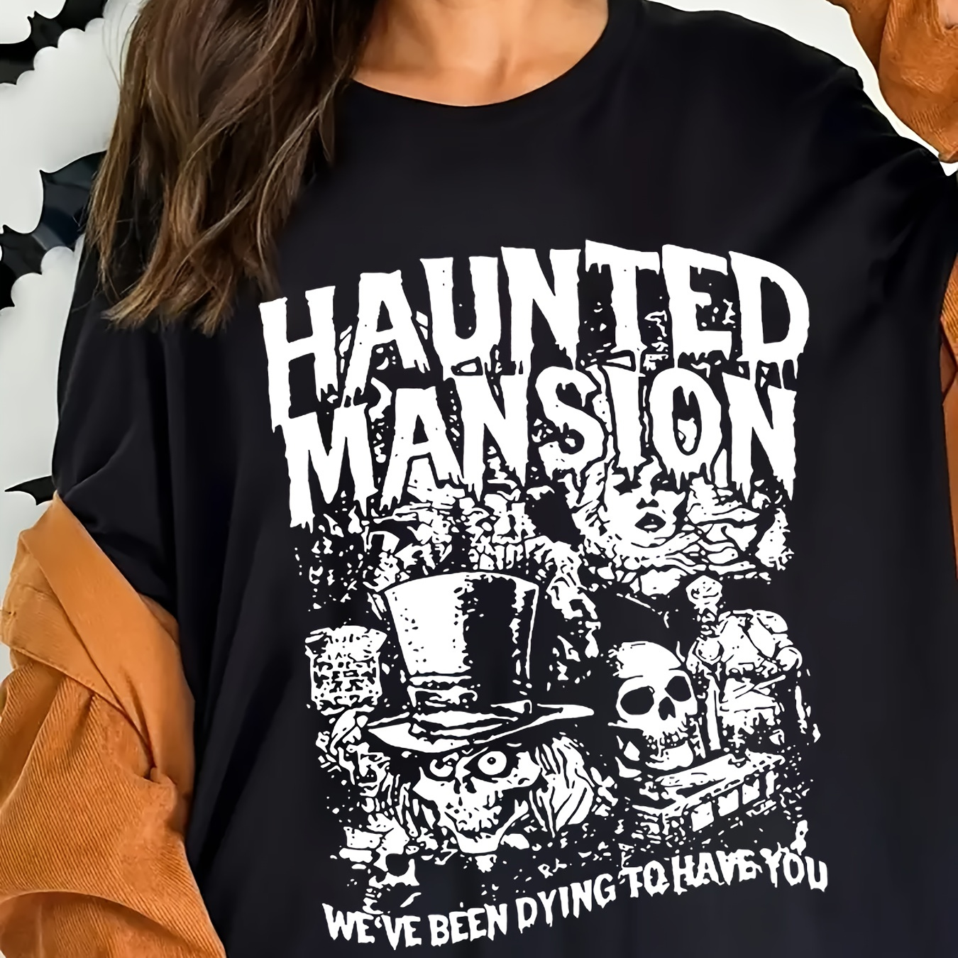 

Plus Size Casual Crew Neck T-shirt With Haunted Mansion Graphic, 100% Polyester Knit Fabric With Slight Stretch, Summer Women' With Short Sleeves