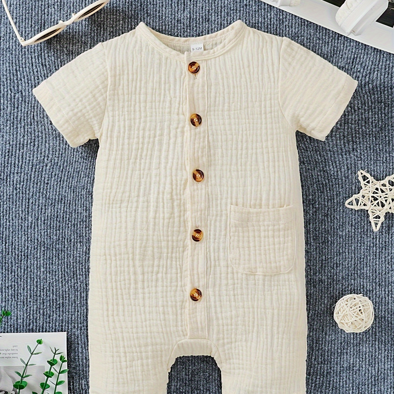 

Baby's Button Down Comfy Muslin Onesie, Casual Short Sleeve Romper, Toddler & Infant Boy's Bodysuit For Summer