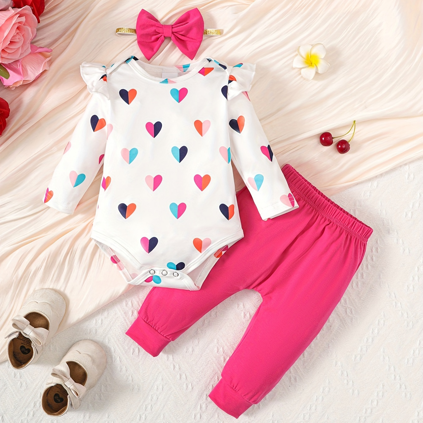 

3pcs Baby Infant Girls Cute Heart Graphic Print Long Sleeve Onesie Romper & Pants & Headband Set, Kid's Cotton Clothes