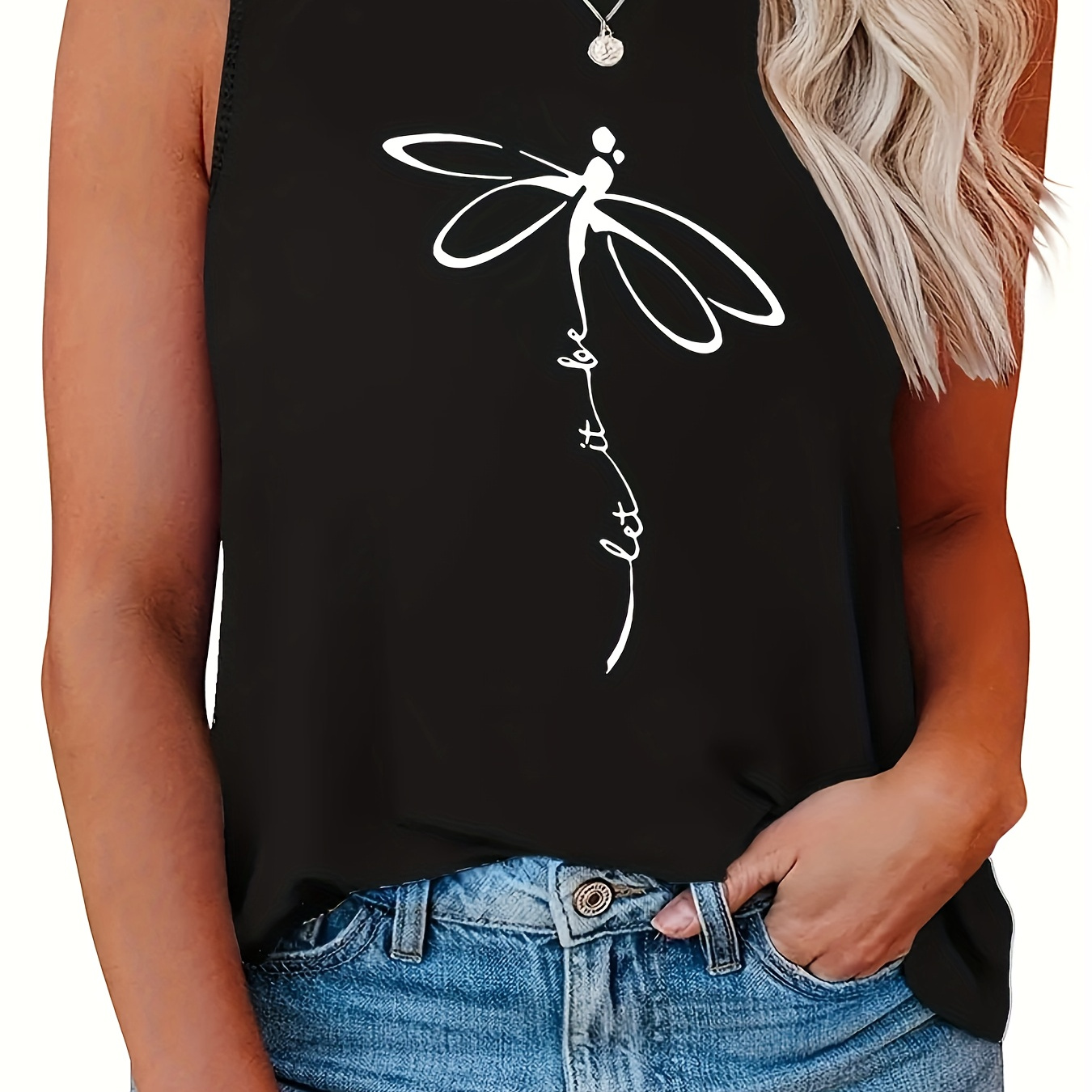 

Plus Size Dragonfly Print Tank Top, Casual Crew Neck Sleeveless Top For Summer, Women's Plus Size Clothing