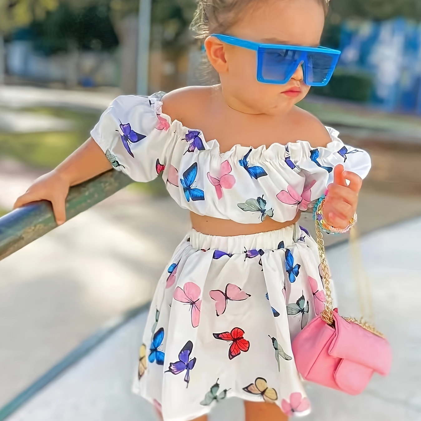 

Girl's Set, Sweet Off-shoulder Top + Skirt 2-piece Butterflies Full Print Girls Summer Clothes