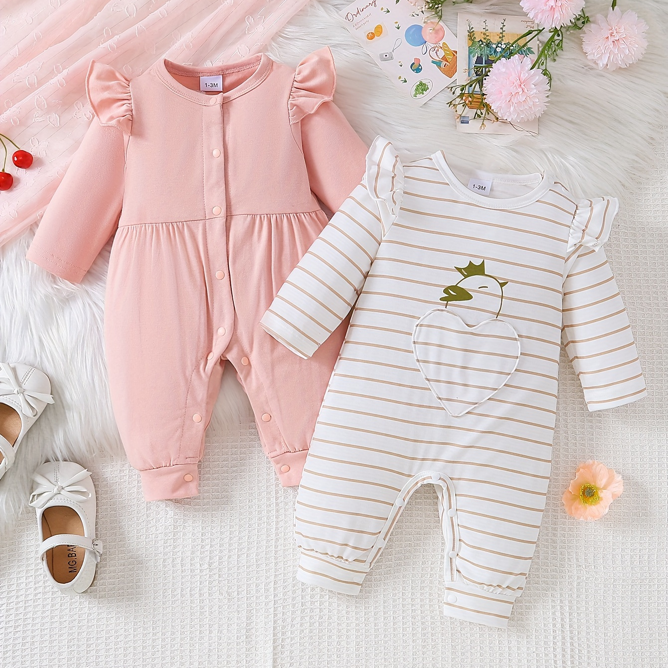 

2pcs Baby Girl's Plain Onesies Set, Long Sleeve Flying Sleeve Solid Color/striped Cartoon Love Pattern Romper Bodysuit Set