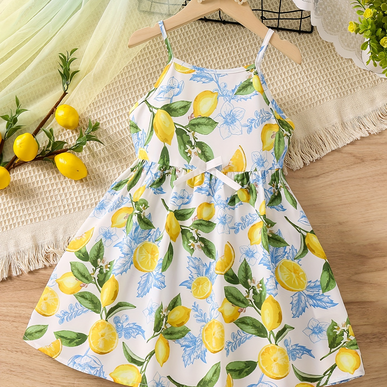 

Casual Lemon Print Cami Dress Girls Bow Decor Dresses For Summer Gift