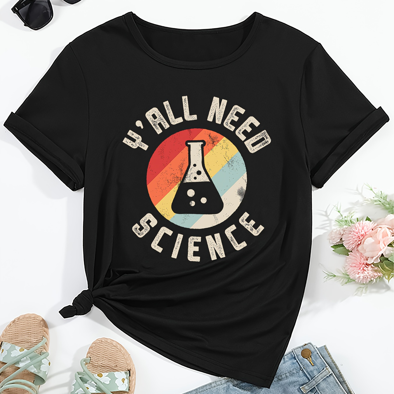 

Women's Short Sleeve Tee With "" Print, Novelty Casual Round Neck T-shirt, Soft And Comfortable Top With Lab Conical Graphic, Everyday Wear