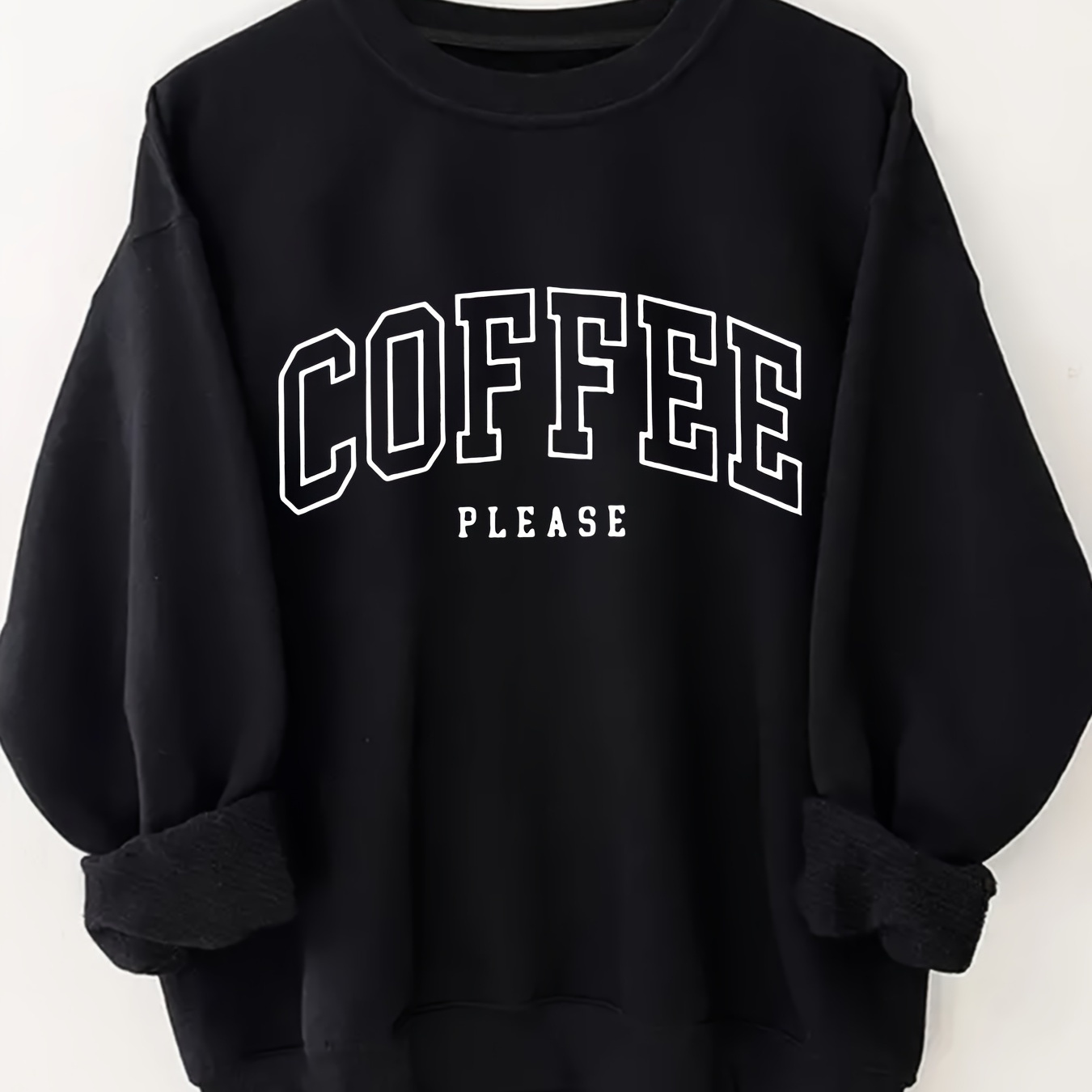 

Plus Size Coffee Print Pullover Sweatshirt, Casual Long Sleeve Crew Neck Sweatshirt For Fall & Spring, Women's Plus Size Clothing