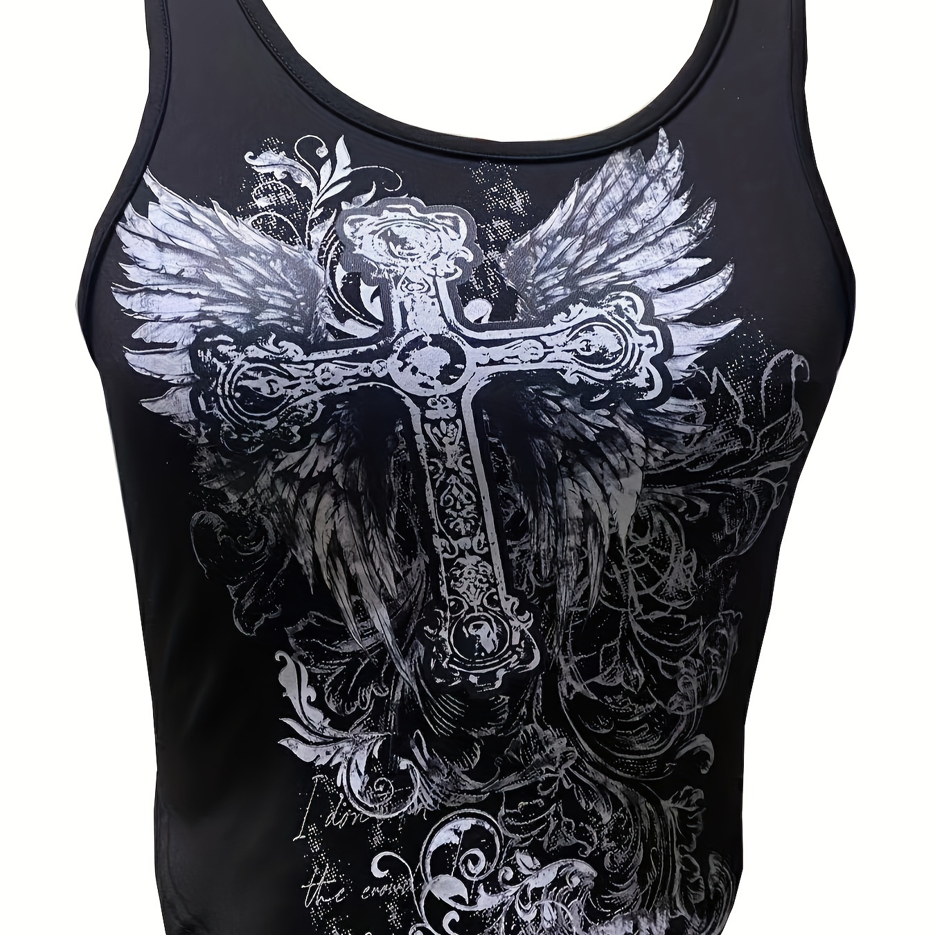 

Gothic Winged Cross Print Tank Top, Vintage Sleeveless Tank Top For Summer, Women's Clothing For Grunge Style