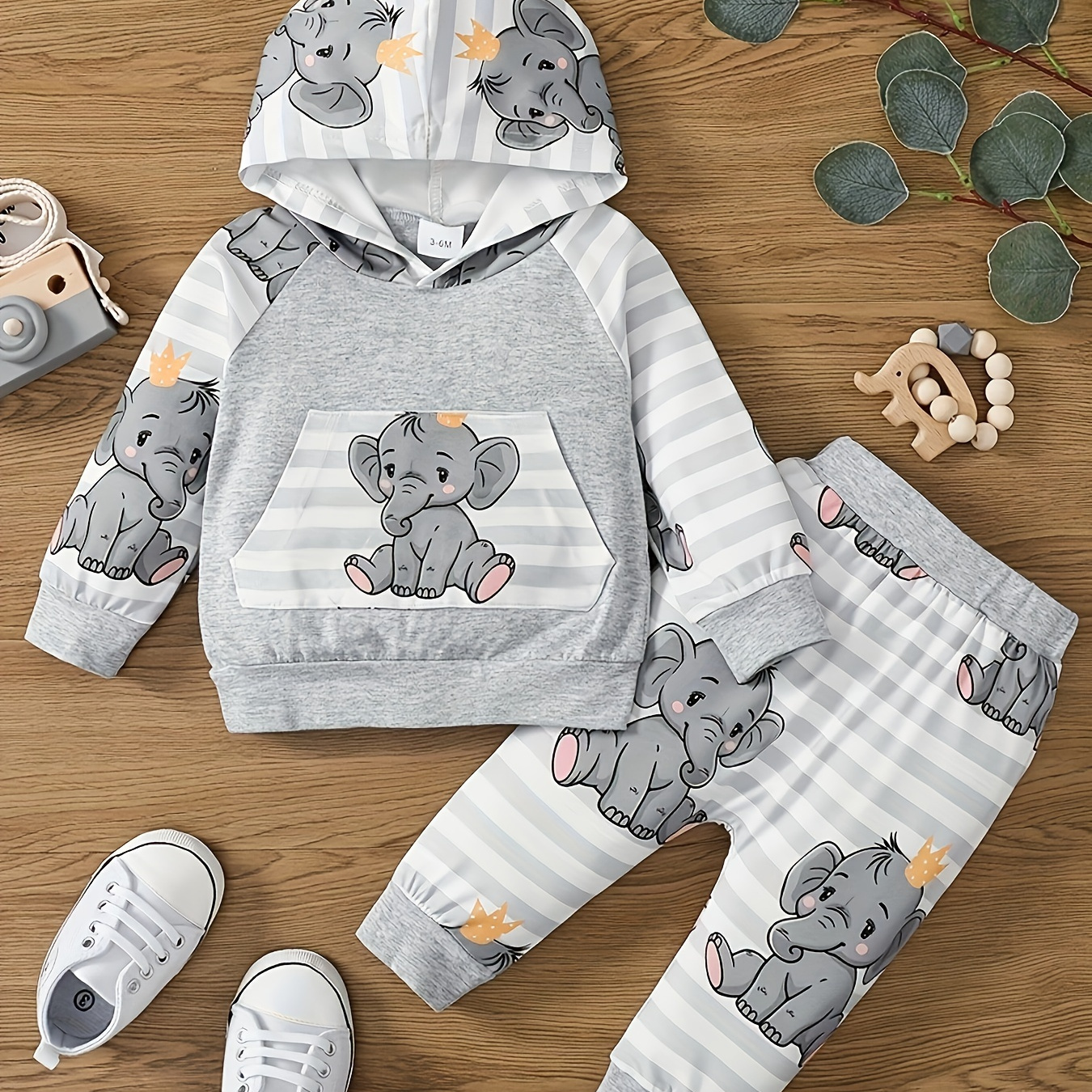 

2pcs Infant Boys Cotton Cartoon Elephant Print Long Sleeve Hooded Top + Striped Pants Set, Cute Comfortable Outfit With Elastic Waistband