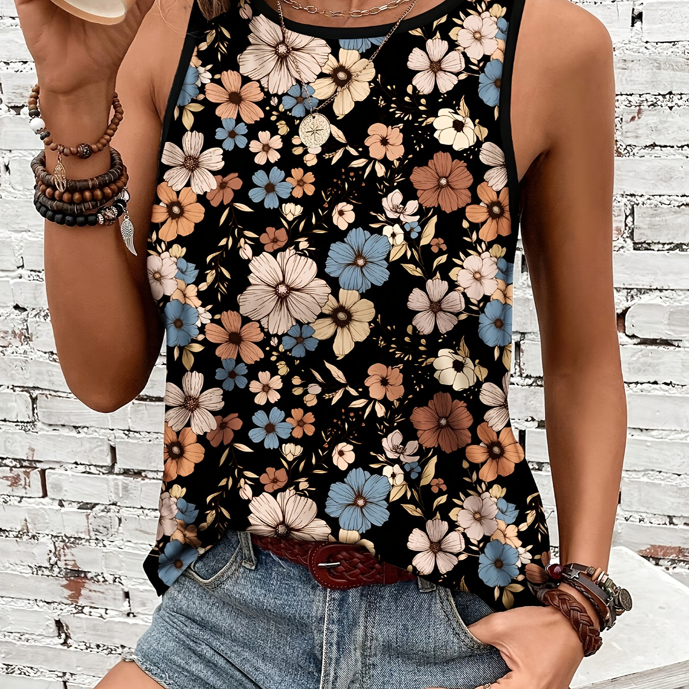 

1pc Women's Sleeveless Tank Top, Floral Print, Polyester 95%, Elastane 5%, Crew Neck, , Knit Fabric, Pullover, Regular Length, Spring/summer Collection