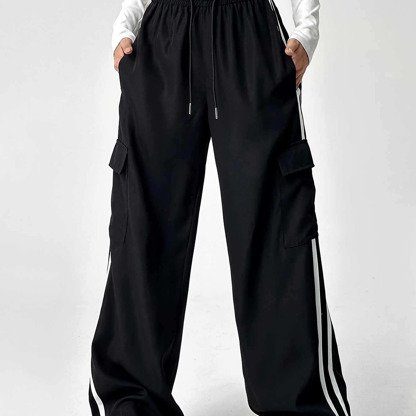 

Flap Pockets Striped Wide Leg Pants, Y2k Drawstring High Waist Loose Pants For , Women's Clothing
