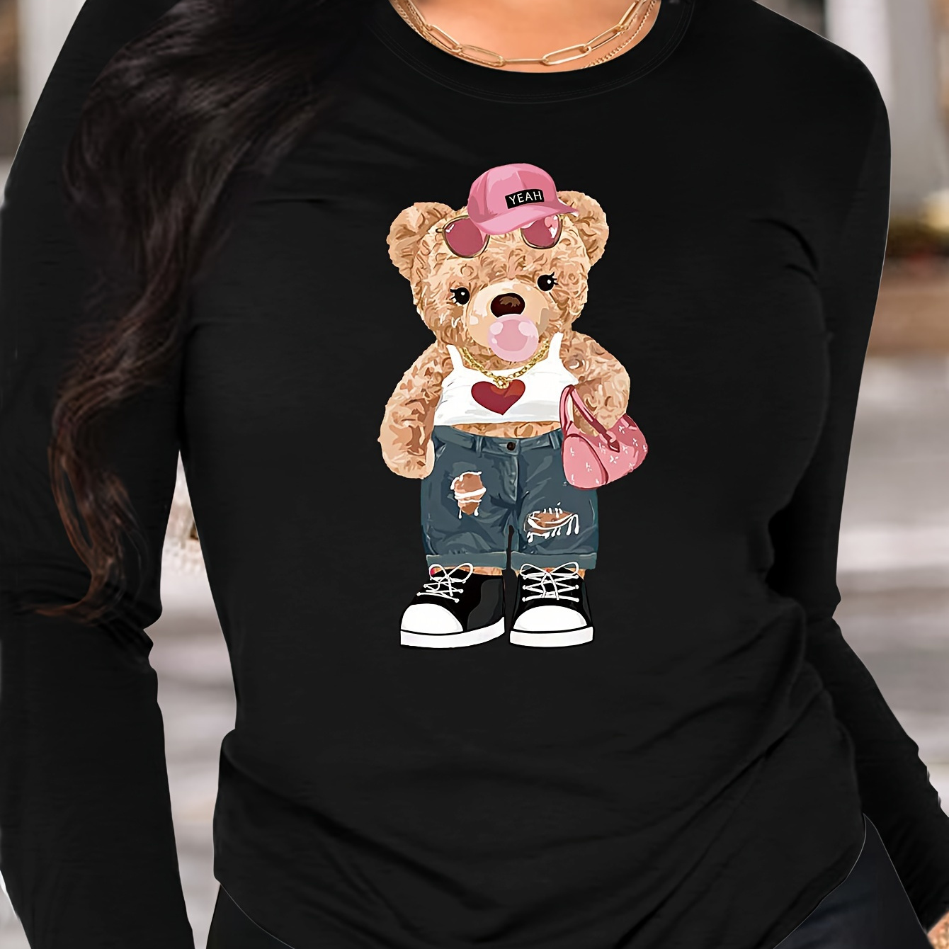 

Women's Casual Long Sleeve T-shirt With Cartoon Bear Applique, Crew Neck, Knit Polyester Top For All , 180gsm - Spring & Fall Fashion