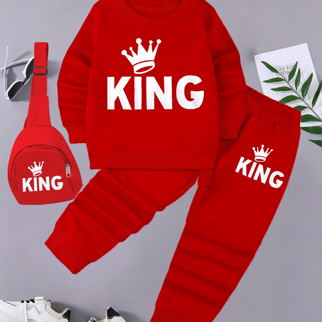 TEMU Boy's 3-piece Casual Co Ord Set, King & Crown Print Versatile Sweatshirt And Joggers With Bag, Comfy Spring Fall Clothes