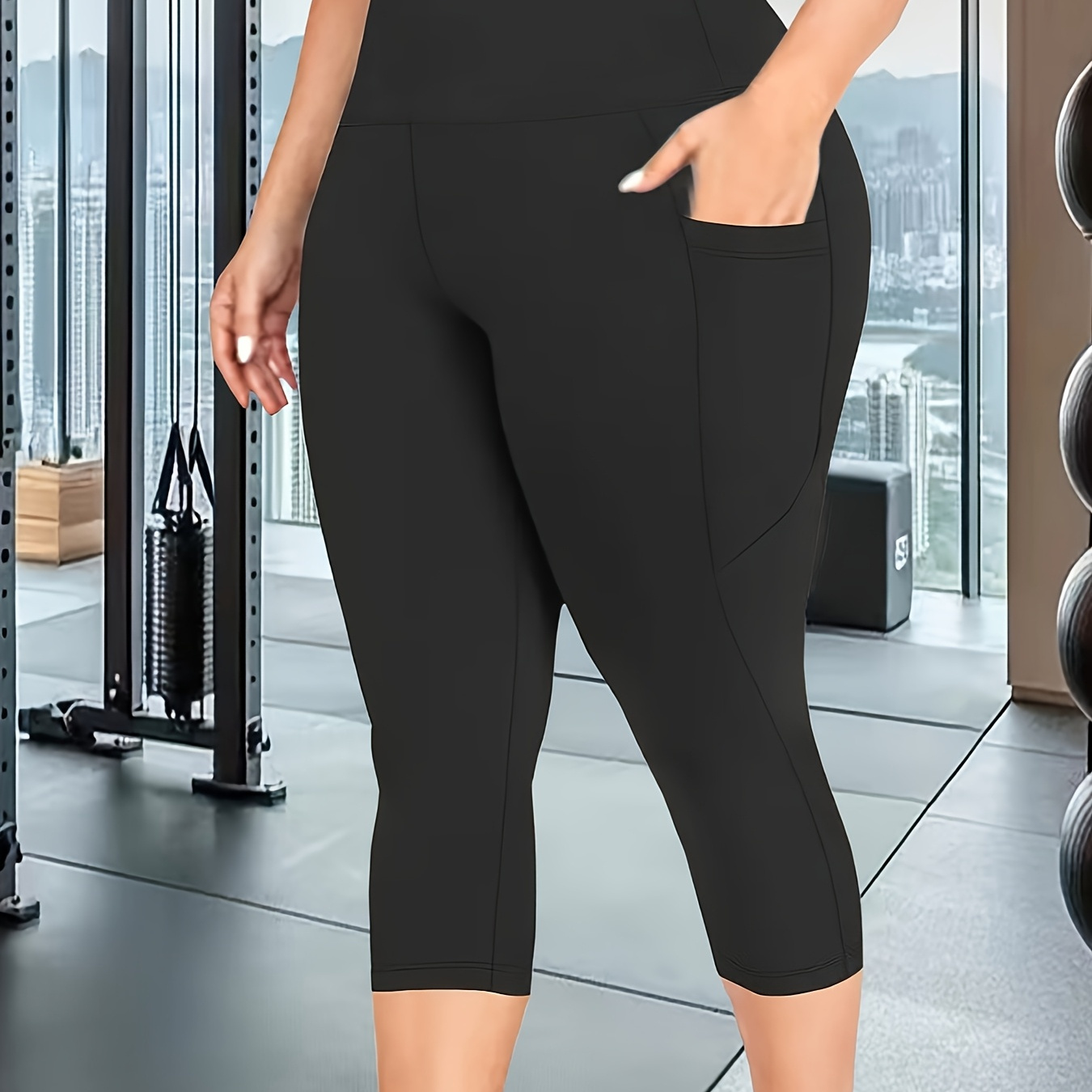 TEMU Plus Size, Black Plus Size Women's Cropped High-waisted Leggings With Pockets, For Casual, S,,, And Cycling