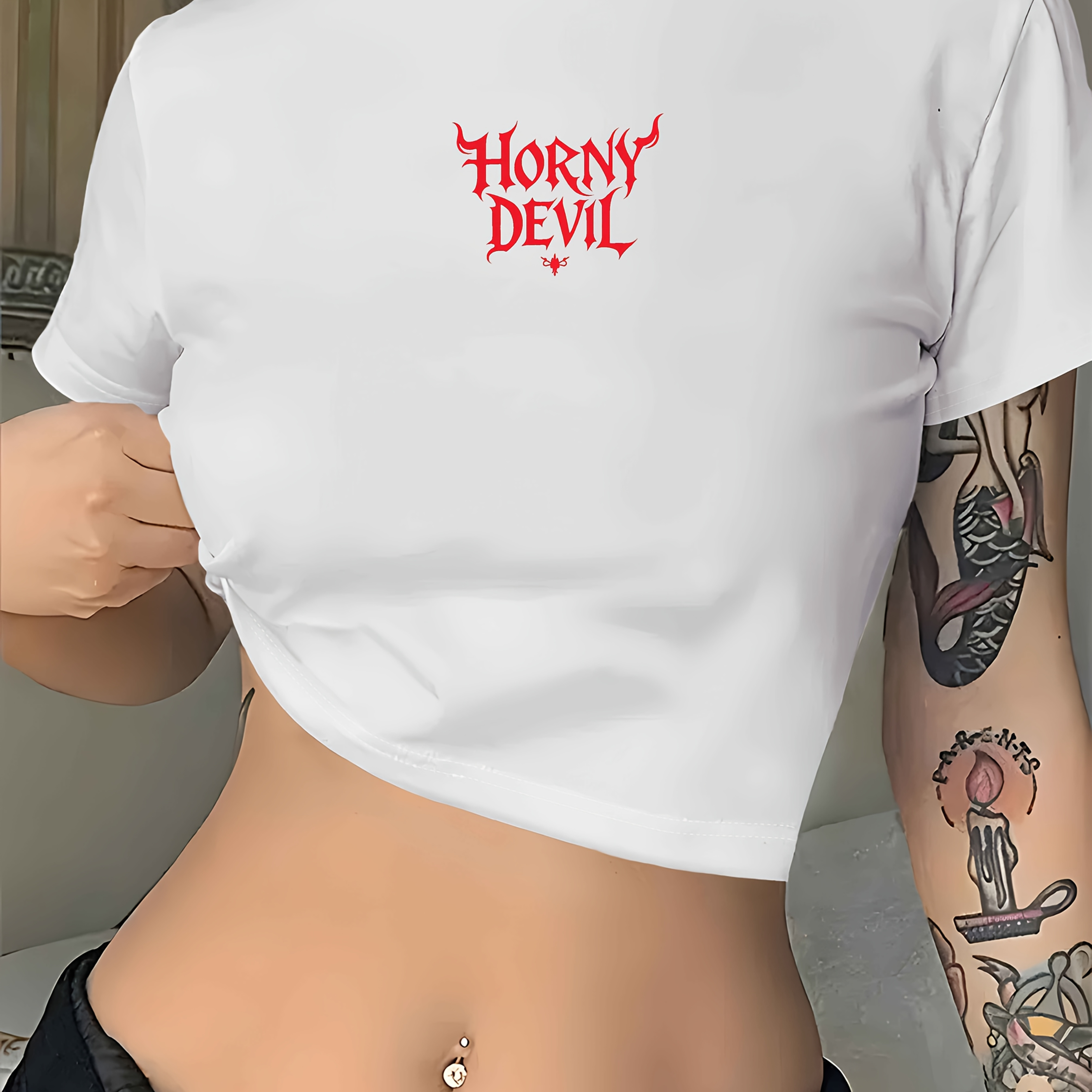 

Horny Devil Women's Crew Neck Short Sleeve T-shirt - 95% Polyester 5% Spandex, Knit Fabric, Geometric Pattern, Y2k Style, For All