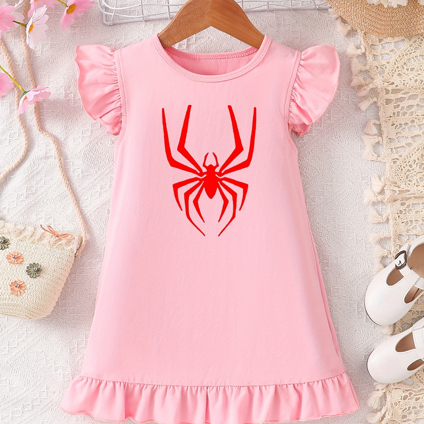 

Red Spider Graphic Print, Baby Girls' Stylish Crew Neck Ruffle Trim Cotton Dress For Spring & Summer, Toddler Girls' Clothes