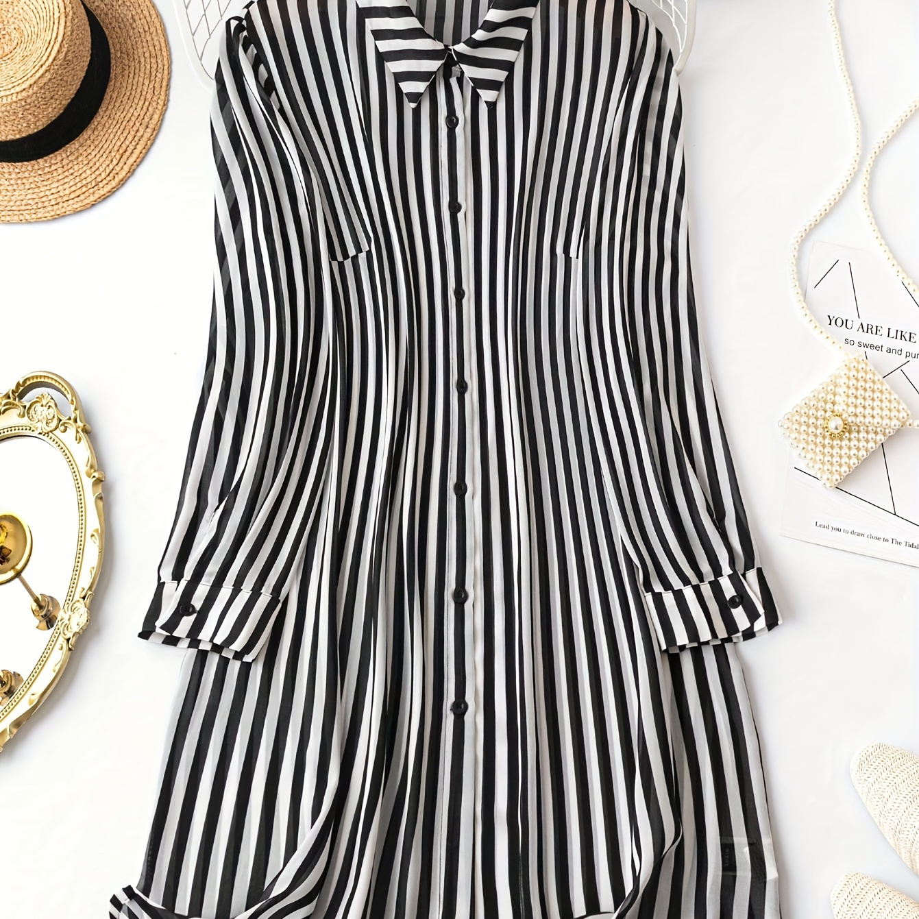 

Plus Size Striped Print Dress, Elegant Button Front Long Sleeve Dress, Women's Plus Size clothing