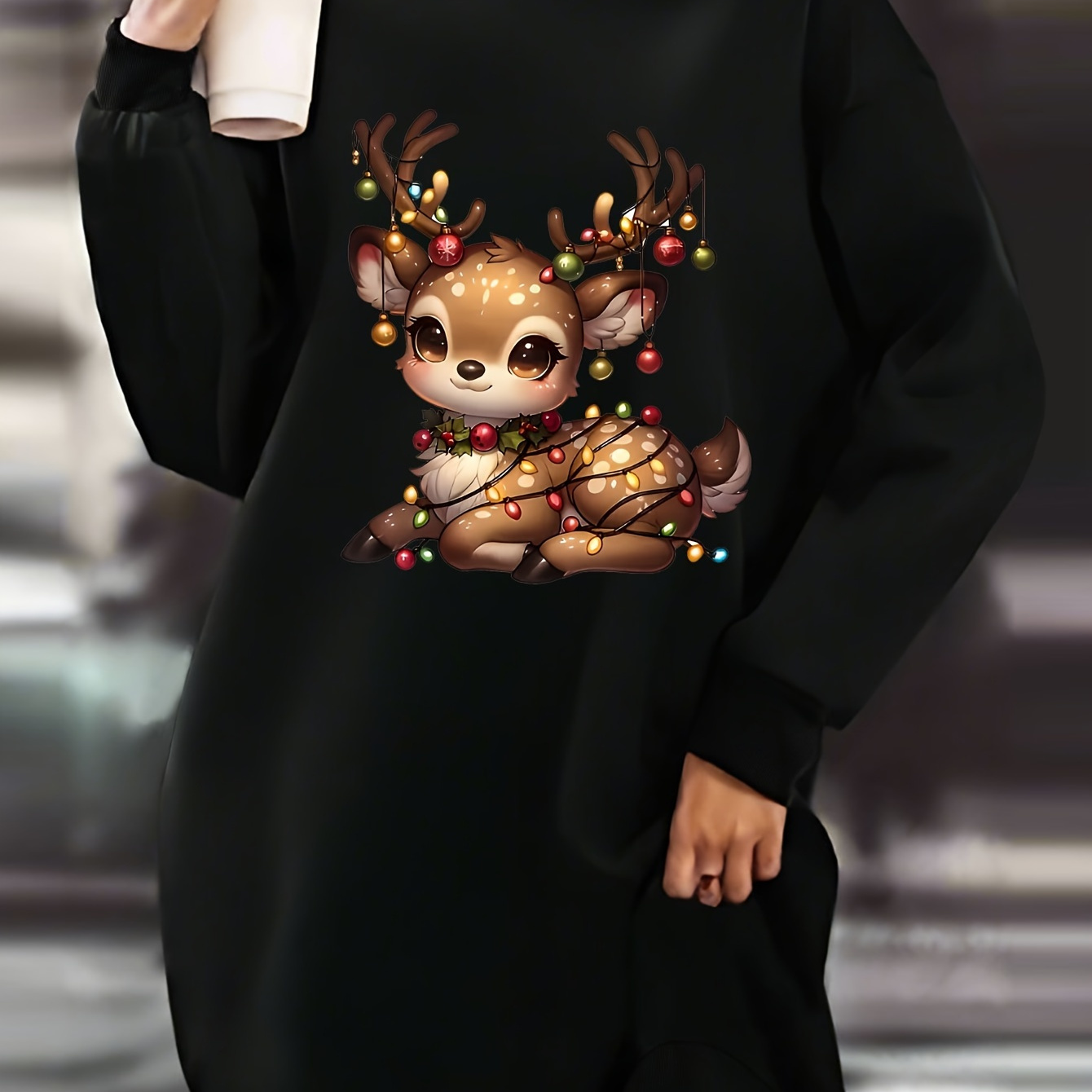 

Plus Size Casual Sweatshirt Dress Cartoon Reindeer Print - Polyester Knit Fabric, Crew Neck, Stretch, Long Sleeve, Fall/winter Collection For Weekend Casual - Middle Eastern Style