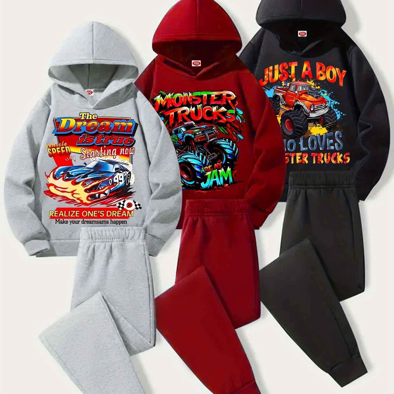 

Multiple-pack - 3 Sets - Monster Trucks And Racing Car , Boy's Comfy Long Sleeve Hoodies & Waistband Sweatpants Set, Autumn And Winter Outfit, Ideal For Daily, Outdoor And Sports Wear