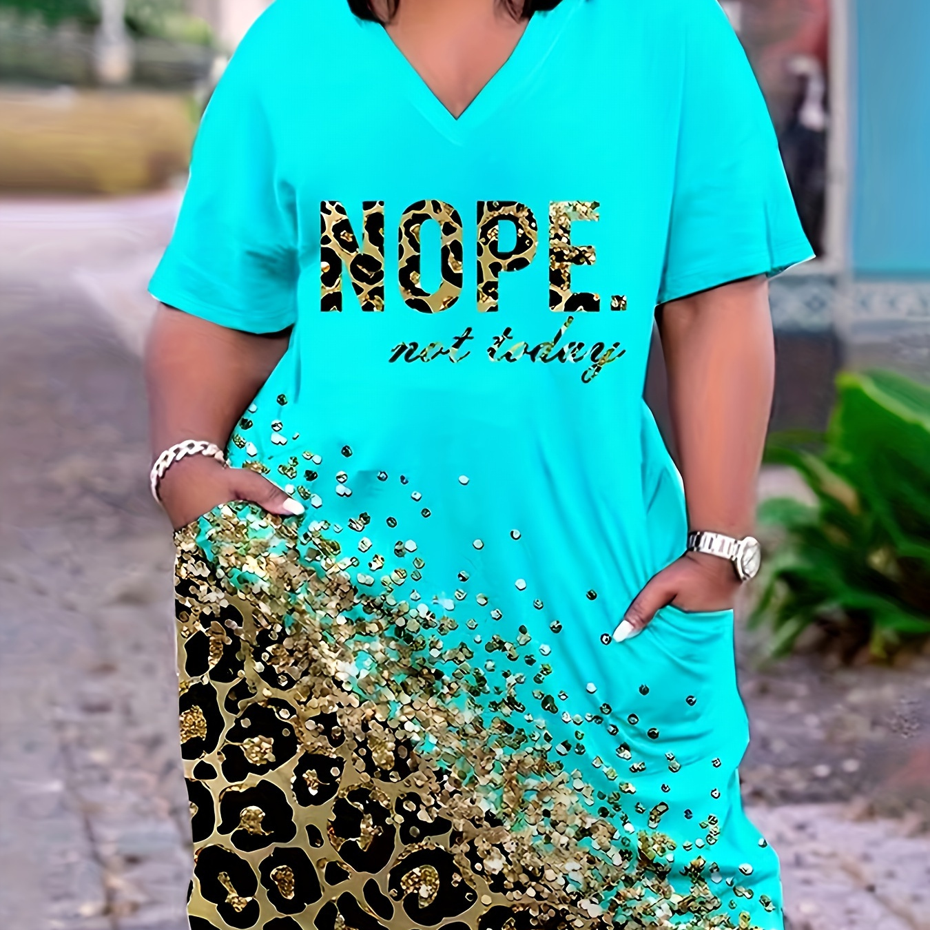 

Plus Size Leopard & Nope Print Tee Dress, Casual Pocket Short Sleeve V Neck Dress For Spring & Summer, Women's Plus Size Clothing