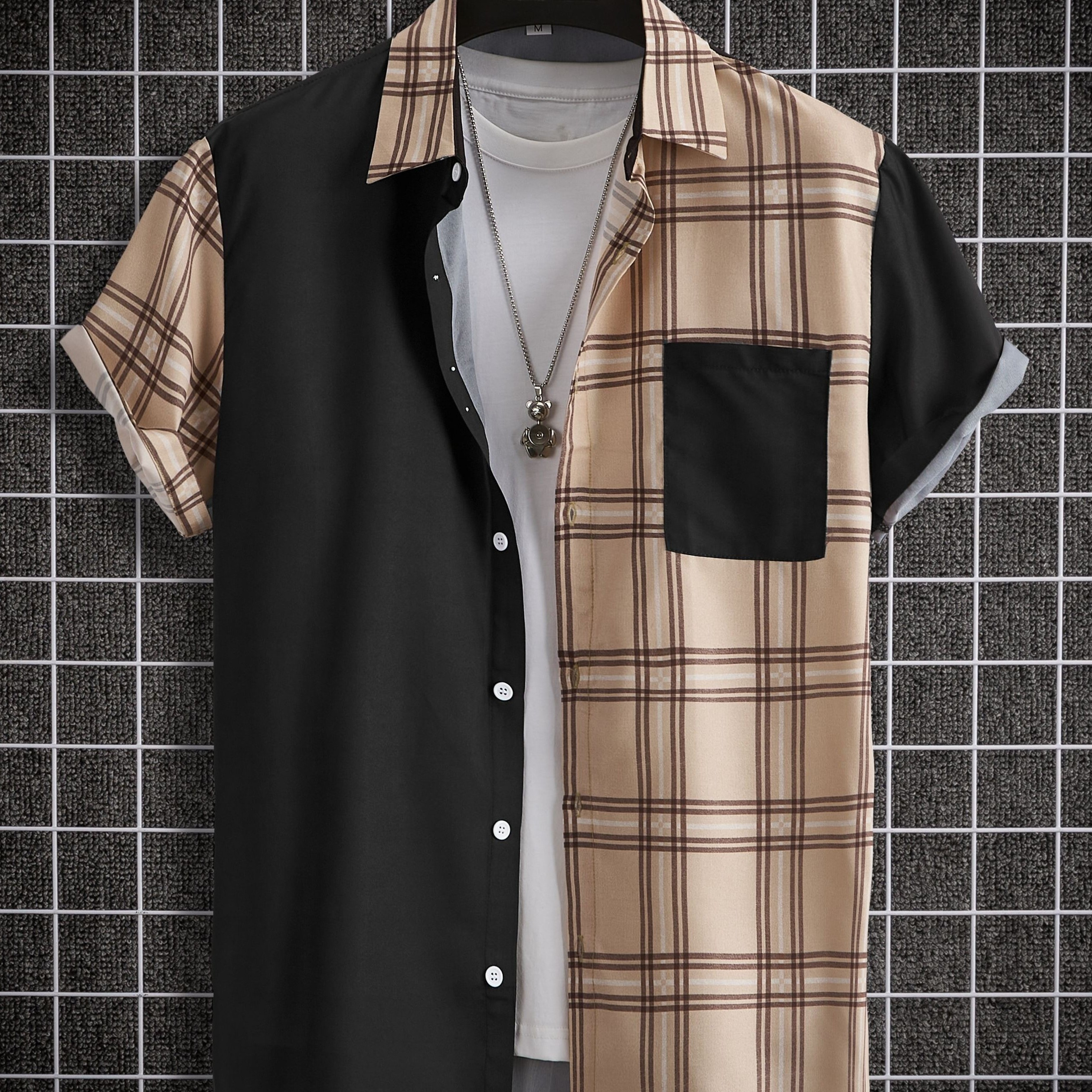 

Vintage Plaid Pattern Men's Color Block Long Sleeve Lapel Shirt With Pocket Design, Men's Trendy Summer Clothing