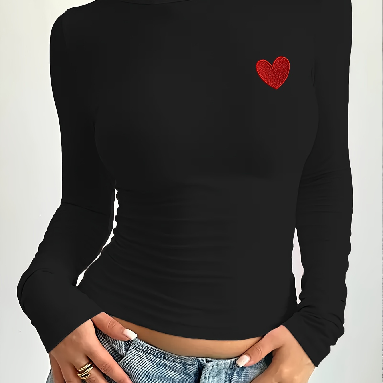 

Heart Pattern Slim T-shirt, Cute Long Sleeve Crew Neck Top For Spring & Fall, Women's Clothing, Valentine's Day