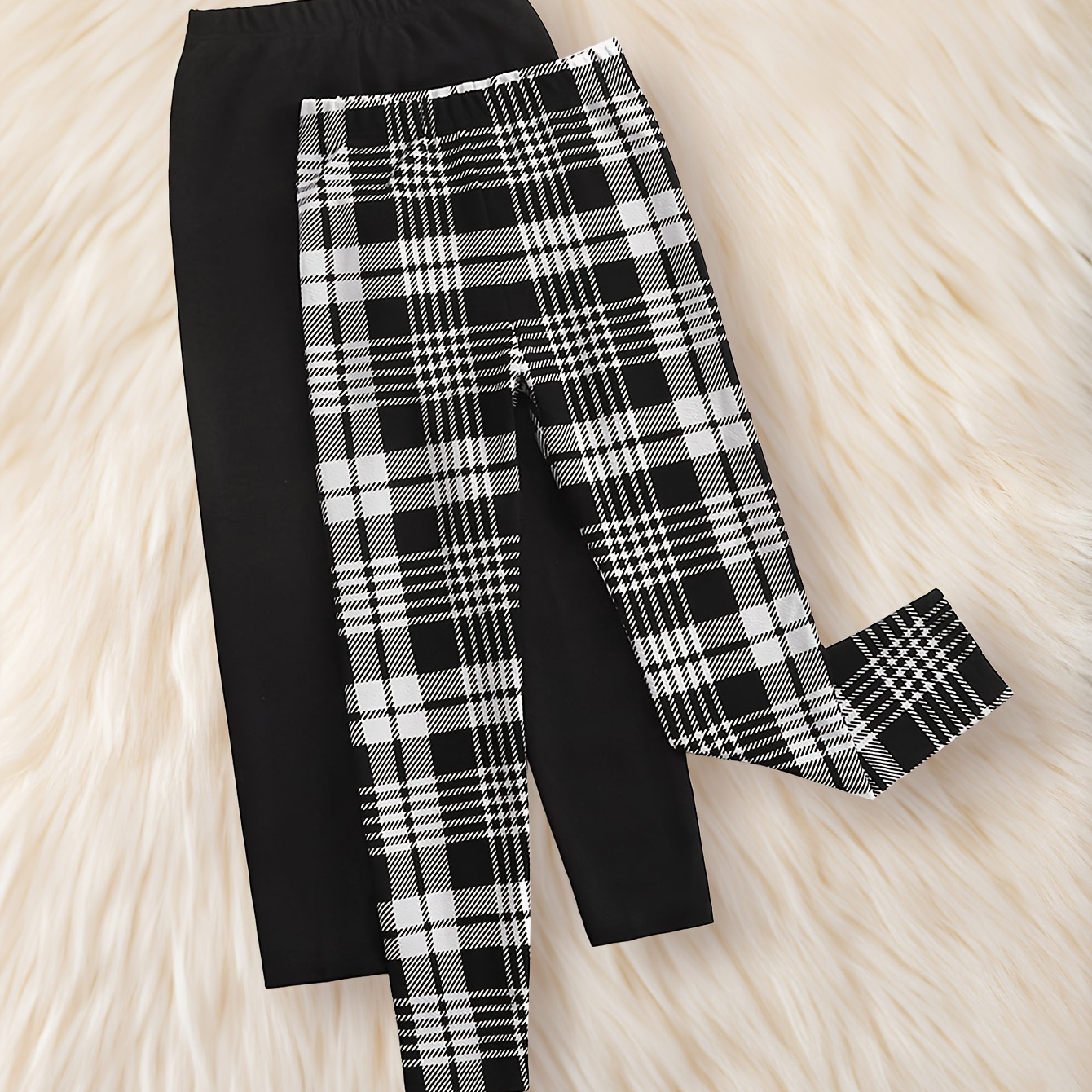 

2pcs Girls Classic Plaid/solid Leggings Set Versatile Comfy Casual Pants For Outdoor Gift