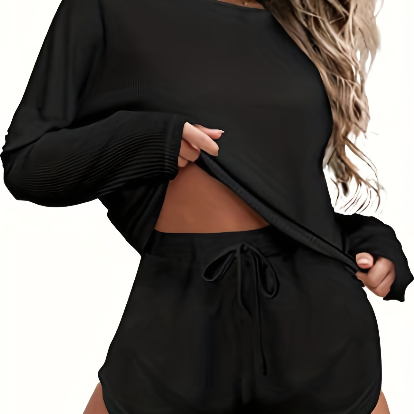 Solid Casual Two piece Set Crew Neck Long Sleeve Tops - Temu