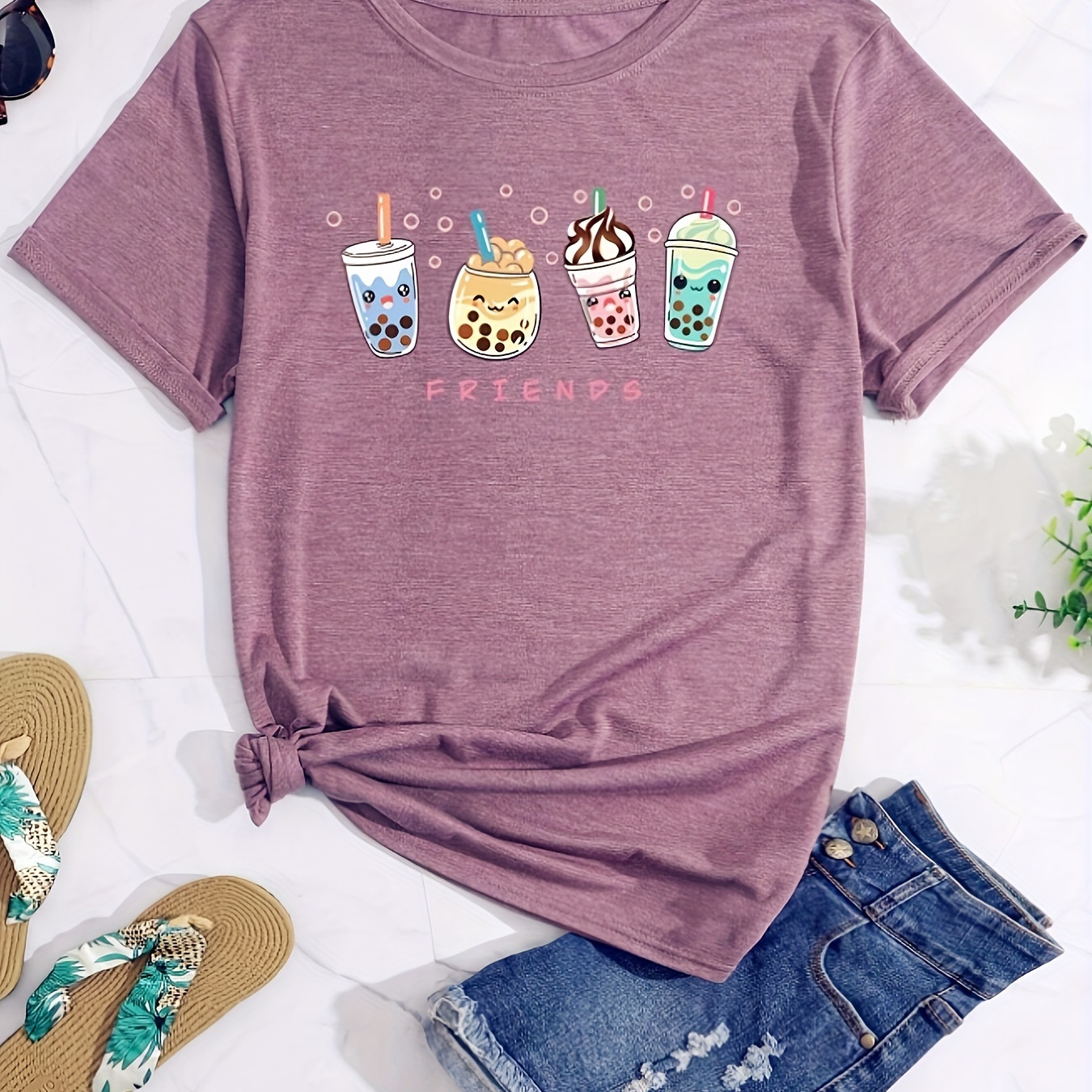 

Drink Print Crew Neck T-shirt, Casual Short Sleeve Top For Spring & Summer, Women's Clothing