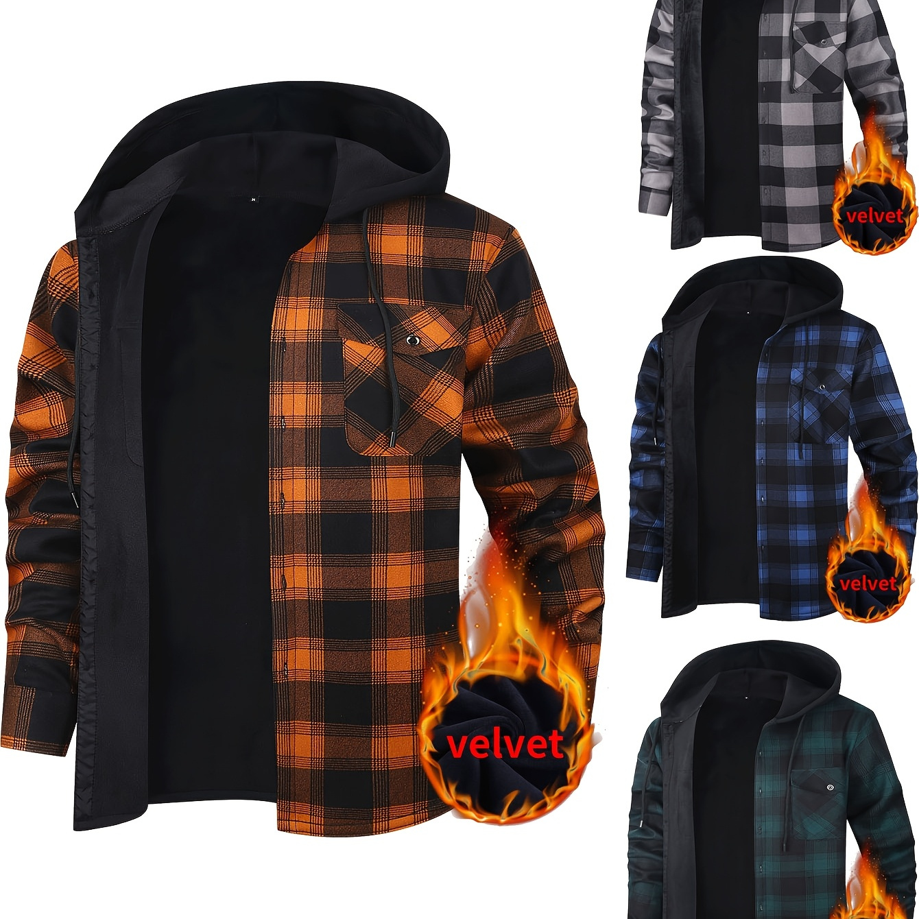 

New Autumn And Winter Men's Outdoor Sportswear - Men's Comfortable Lining Checkered Pattern Casual Long Sleeved Shirt Jacket Hooded Sweatshirt With Drawstring And Pocket