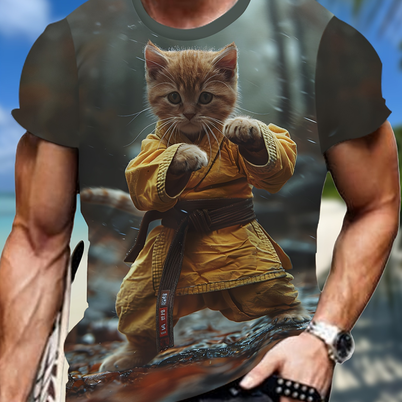 

T-shirt graphique pour homme avec imprimé chat, t-shirt à col rond à manches courtes, vêtements pour homme pour l'été en plein air