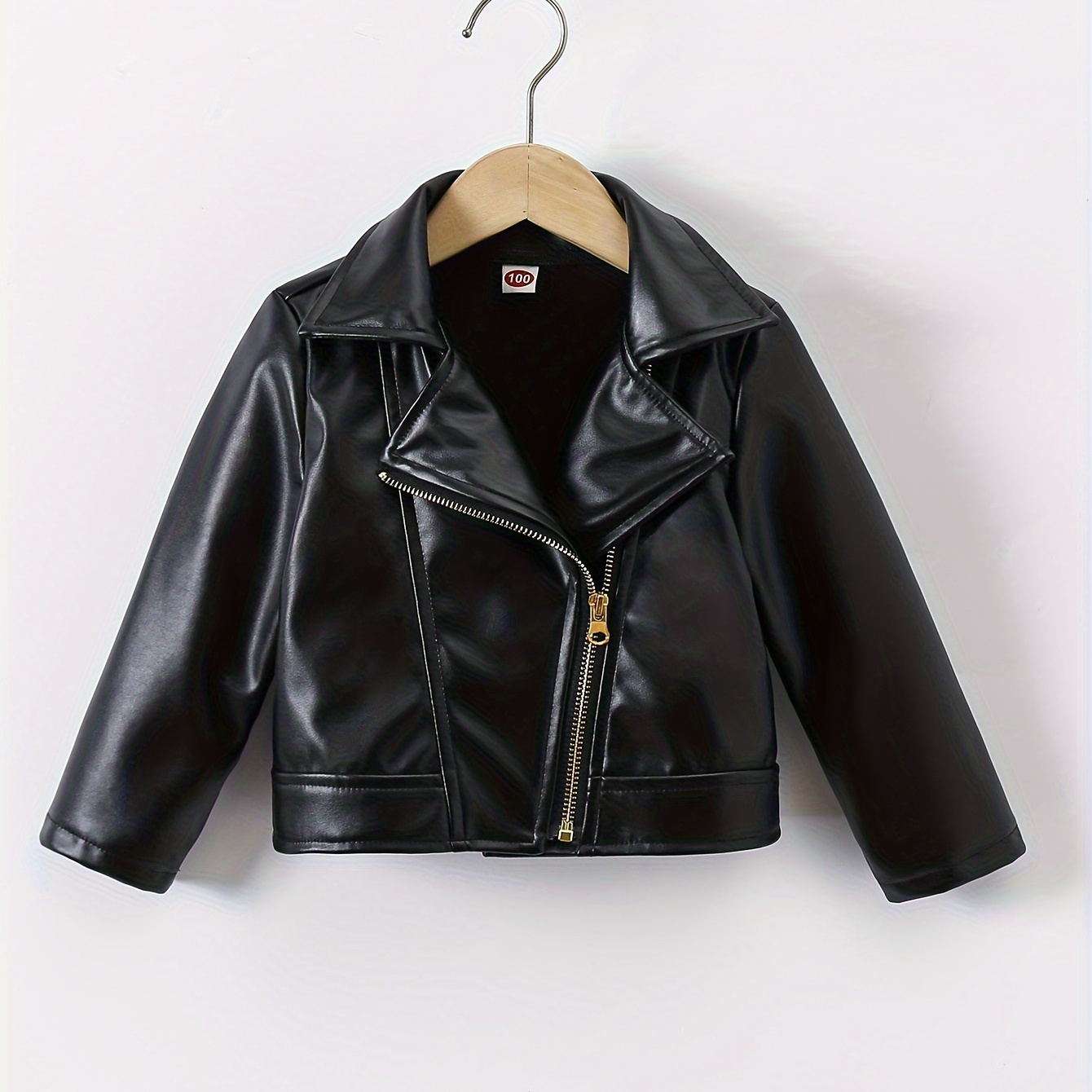 

Filles Cool & Trendy Veste en Cuir PU Noir Uni à Manches Longues avec Col à Revers et Fermeture Éclair Asymétrique pour le Printemps et l'Automne