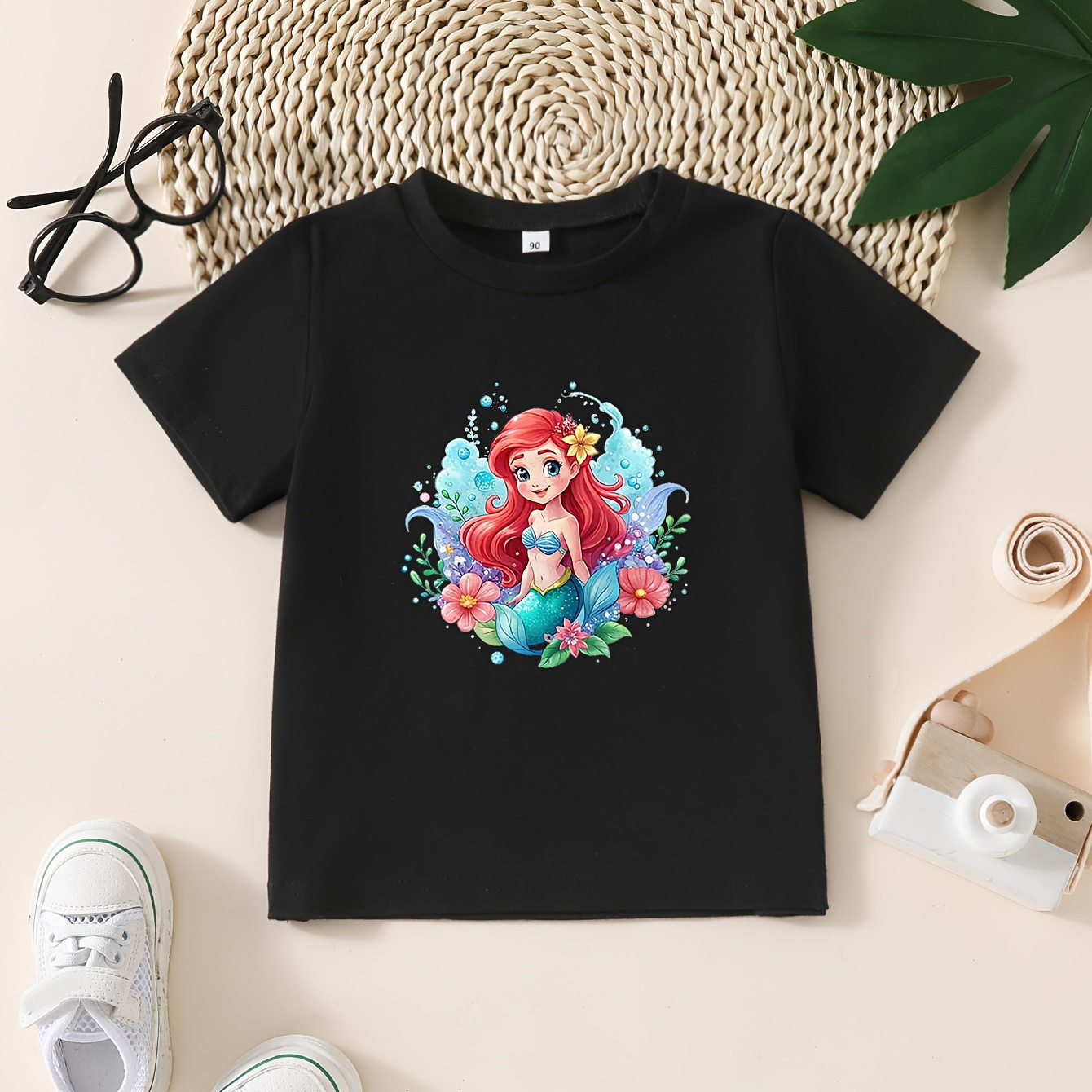 

Girls' Summer Fashion Casual Cartoon Mermaid Printed T-shirt, Cotton Short Sleeve Round Neck Top With Trendy Graphic Design