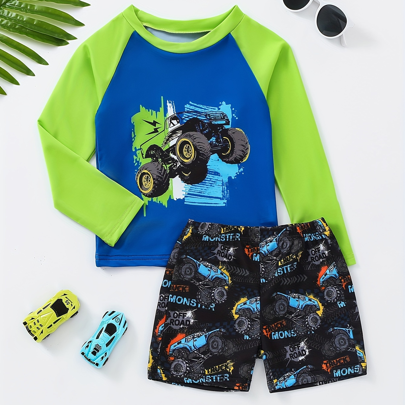 

2pcs Boy's Long Sleeve Cartoon Truck Pattern Swimsuit Set, Raglan Top & Swim Trunks Set, Elastic Swimsuit, Boy's Swimwear For Summer Beach Vacation
